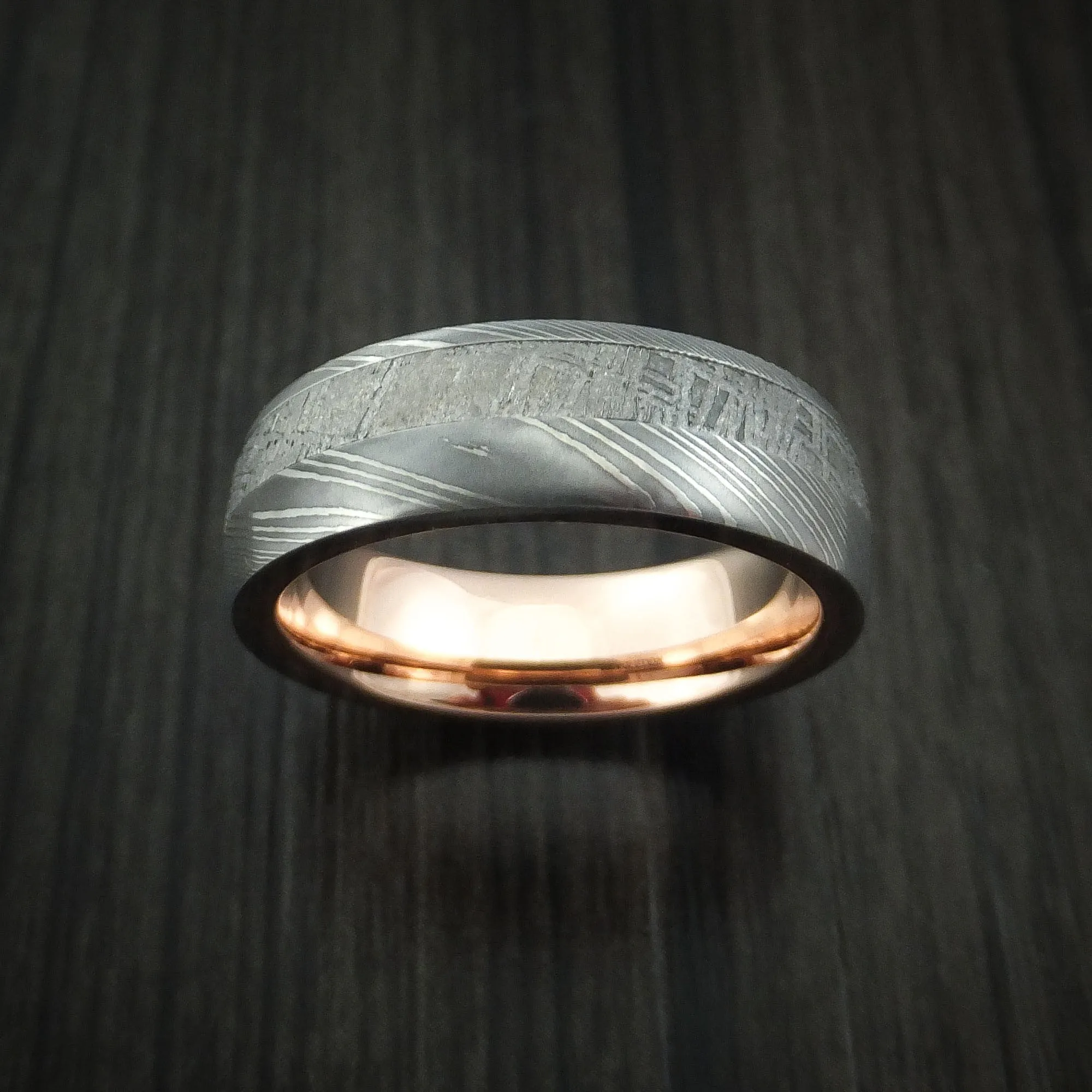 Damascus Steel Men's Ring with Gibeon Meteorite and 14K Rose Gold Sleeve Custom Made Band