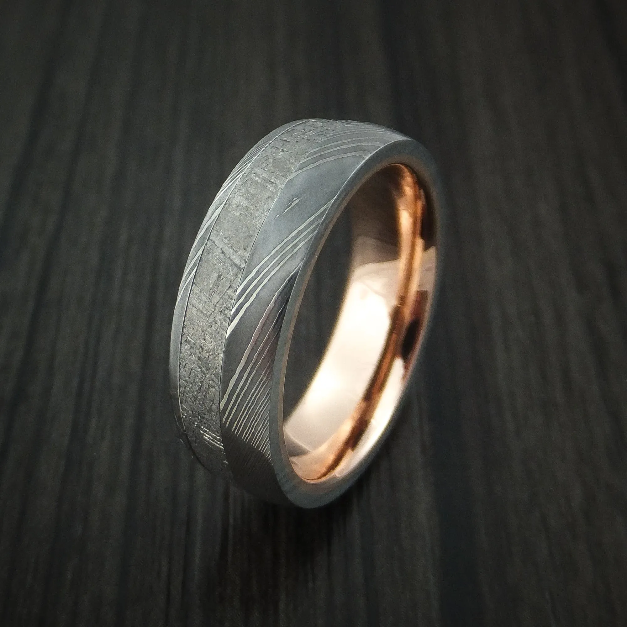 Damascus Steel Men's Ring with Gibeon Meteorite and 14K Rose Gold Sleeve Custom Made Band