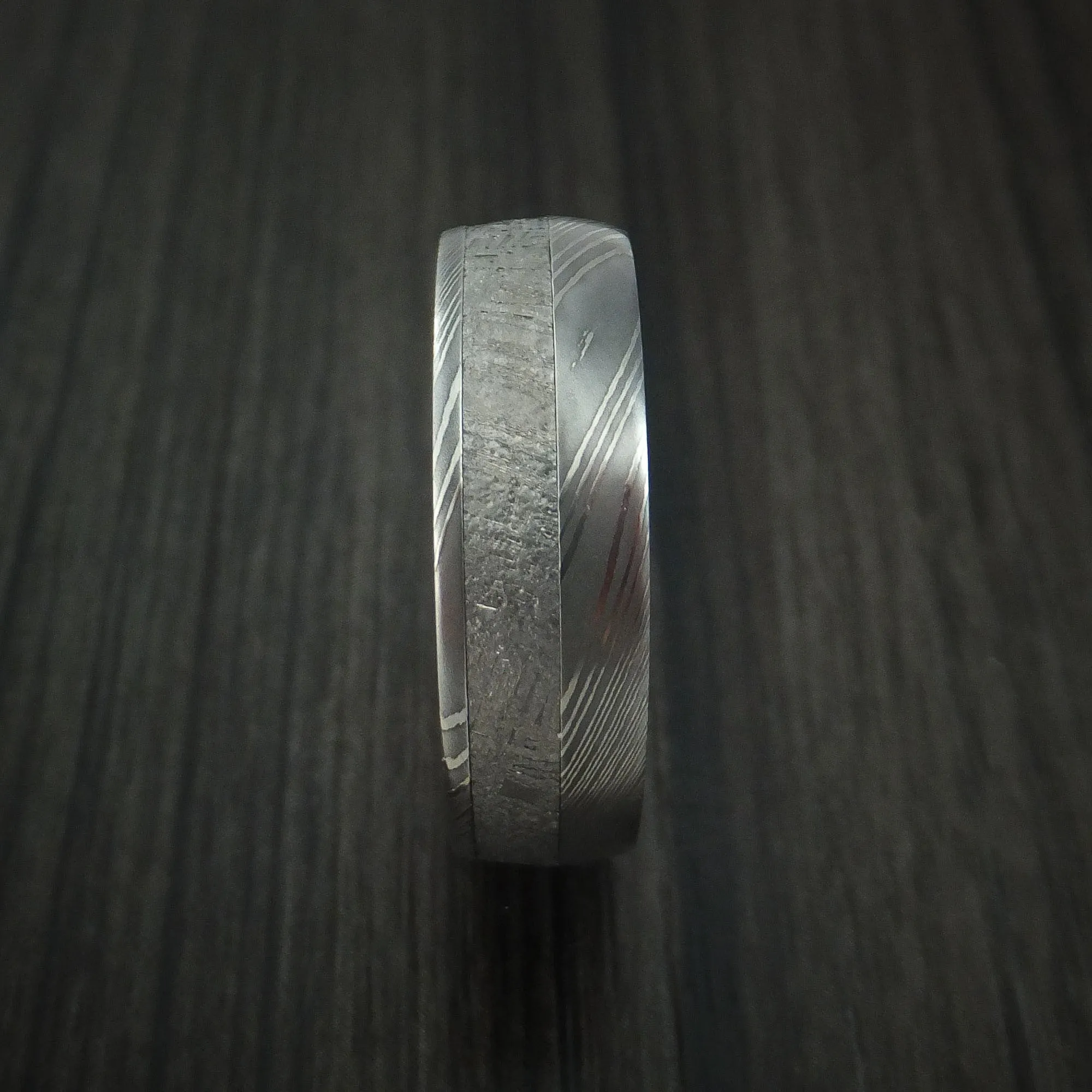 Damascus Steel Men's Ring with Gibeon Meteorite and 14K Rose Gold Sleeve Custom Made Band