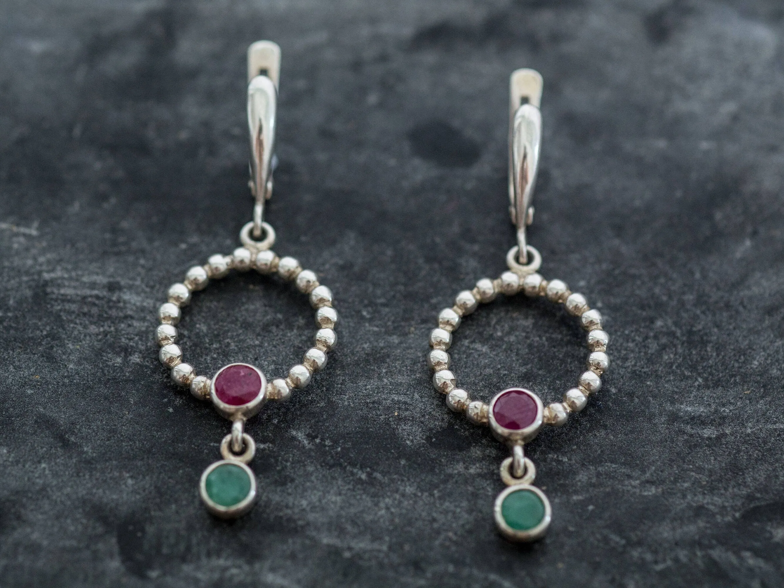 Dangling Hoop Earrings - Natural Ruby Earrings - Genuine Emerald Earrings