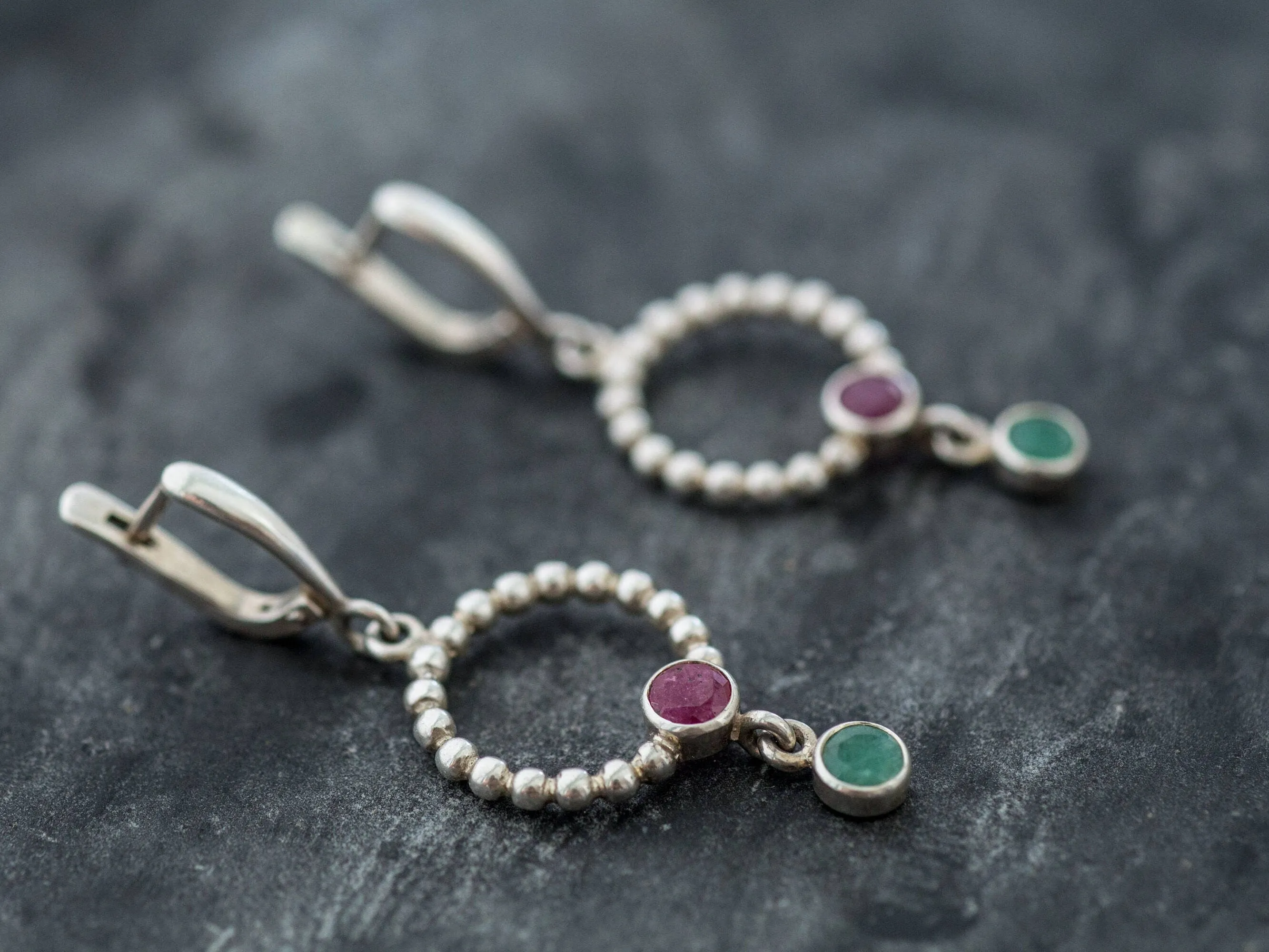 Dangling Hoop Earrings - Natural Ruby Earrings - Genuine Emerald Earrings