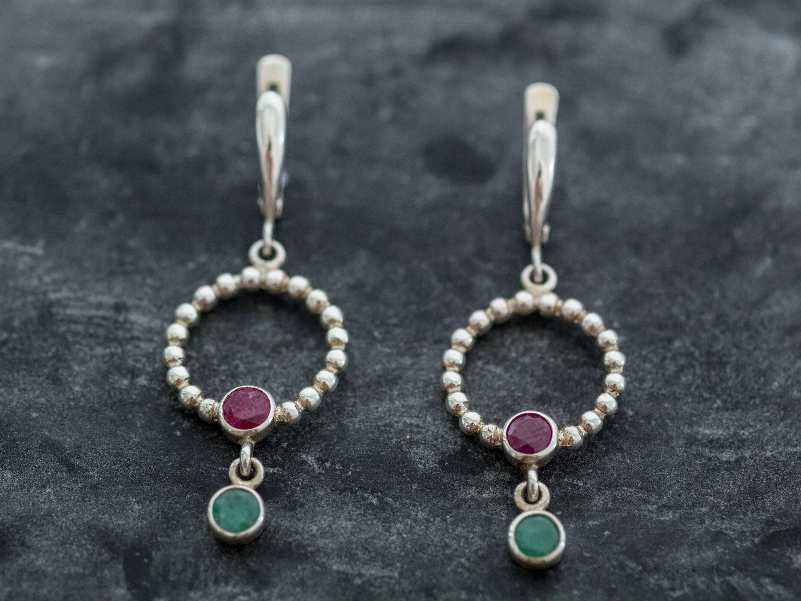 Dangling Hoop Earrings - Natural Ruby Earrings - Genuine Emerald Earrings