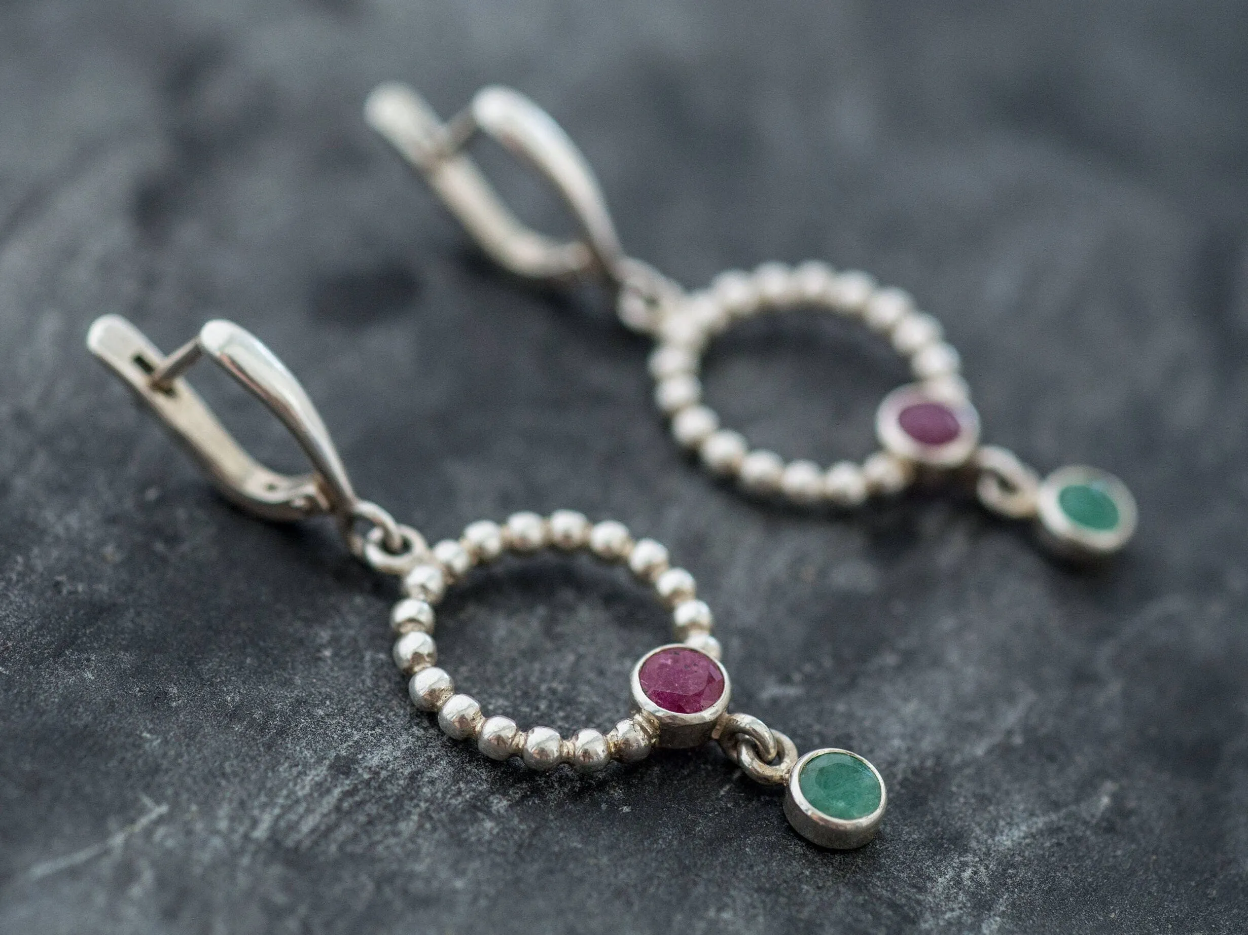 Dangling Hoop Earrings - Natural Ruby Earrings - Genuine Emerald Earrings