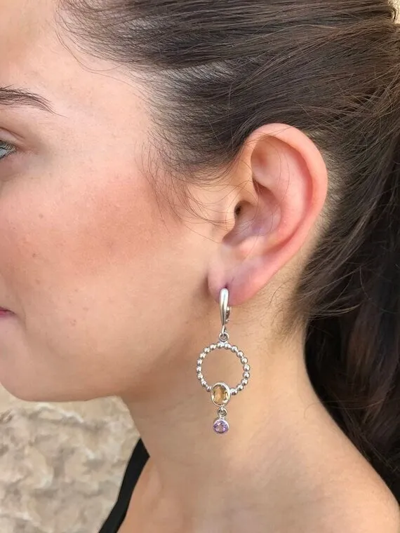 Dangling Hoop Earrings - Natural Ruby Earrings - Genuine Emerald Earrings