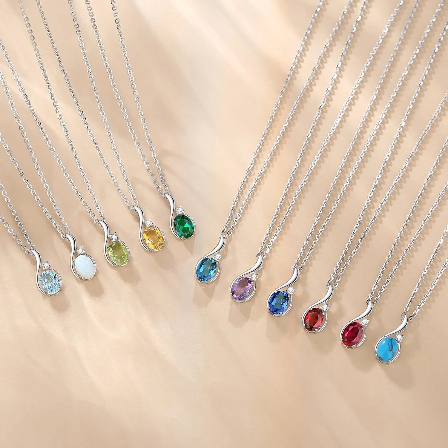 FANCIME 14K Solid White Gold Oval Gemstone Necklace with Diamond Pendant Gifts for Mom Women,16" 2" Inches