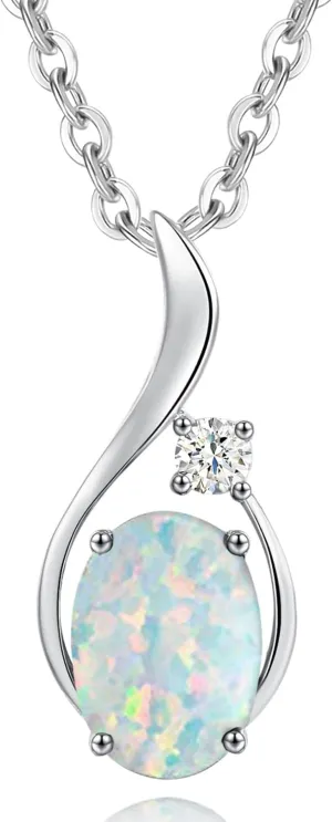FANCIME 14K Solid White Gold Oval Gemstone Necklace with Diamond Pendant Gifts for Mom Women,16" 2" Inches