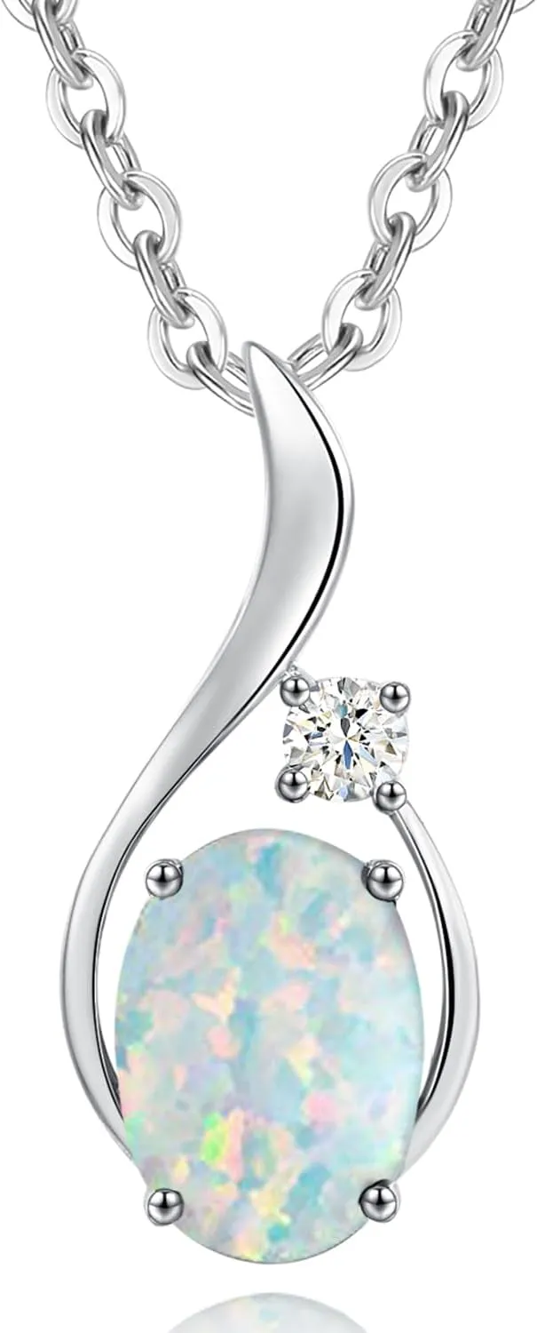 FANCIME 14K Solid White Gold Oval Gemstone Necklace with Diamond Pendant Gifts for Mom Women,16" 2" Inches