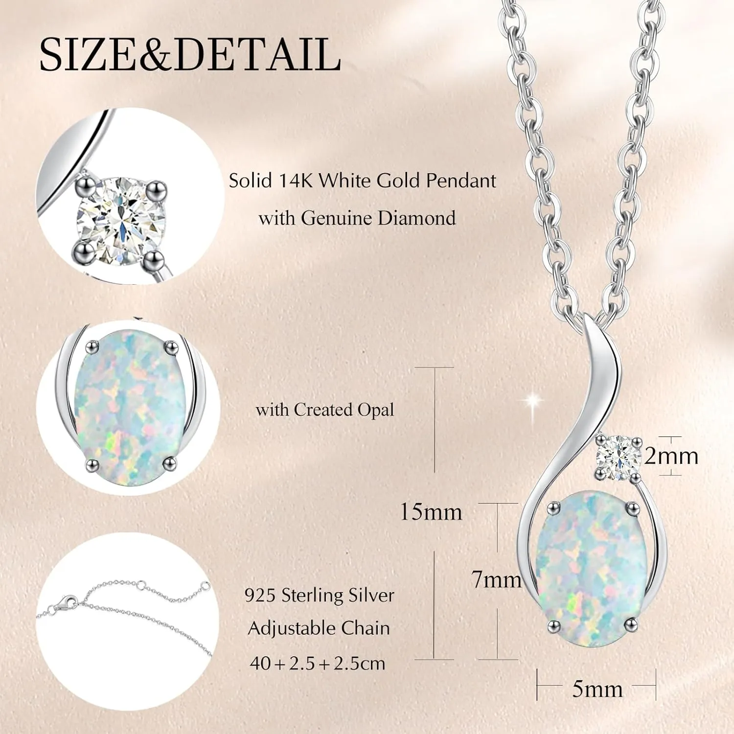 FANCIME 14K Solid White Gold Oval Gemstone Necklace with Diamond Pendant Gifts for Mom Women,16" 2" Inches