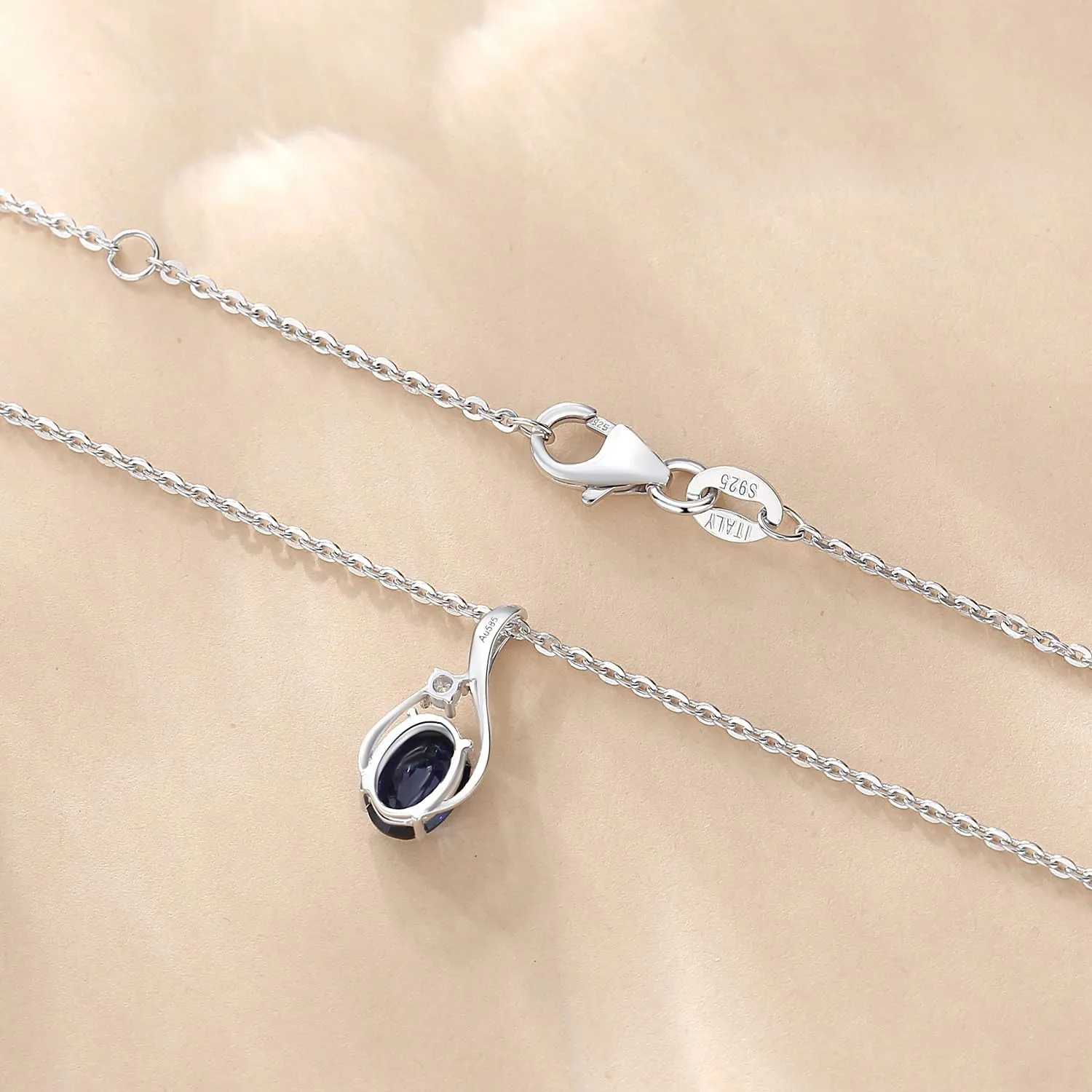 FANCIME 14K Solid White Gold Oval Gemstone Necklace with Diamond Pendant Gifts for Mom Women,16" 2" Inches
