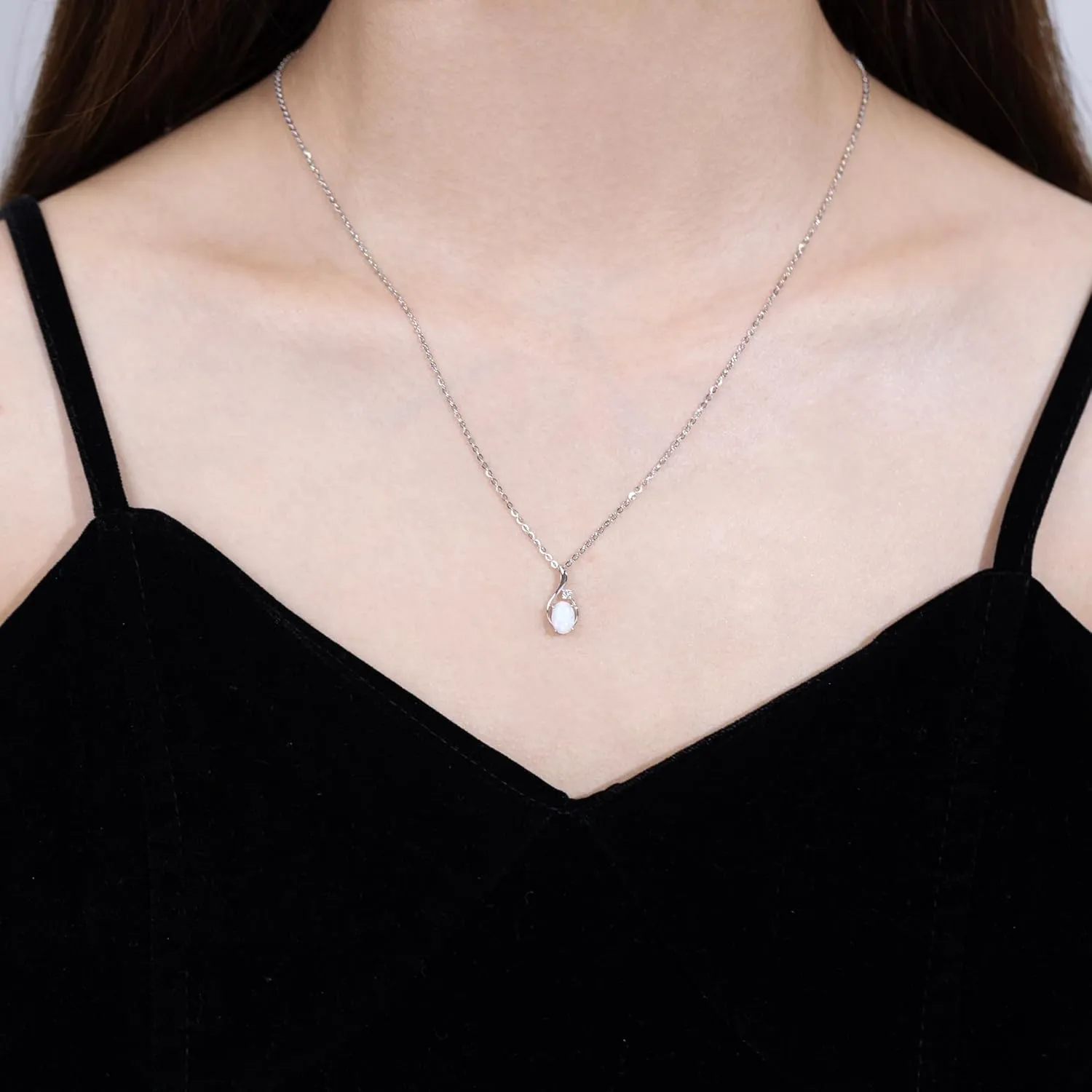 FANCIME 14K Solid White Gold Oval Gemstone Necklace with Diamond Pendant Gifts for Mom Women,16" 2" Inches