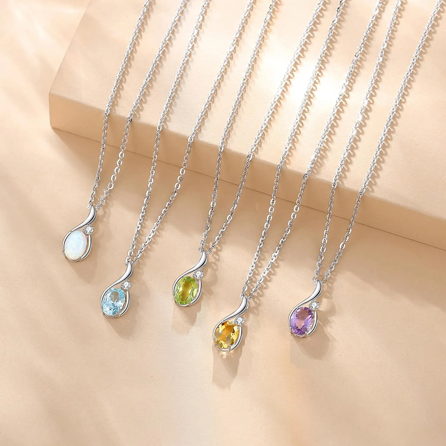FANCIME 14K Solid White Gold Oval Gemstone Necklace with Diamond Pendant Gifts for Mom Women,16" 2" Inches