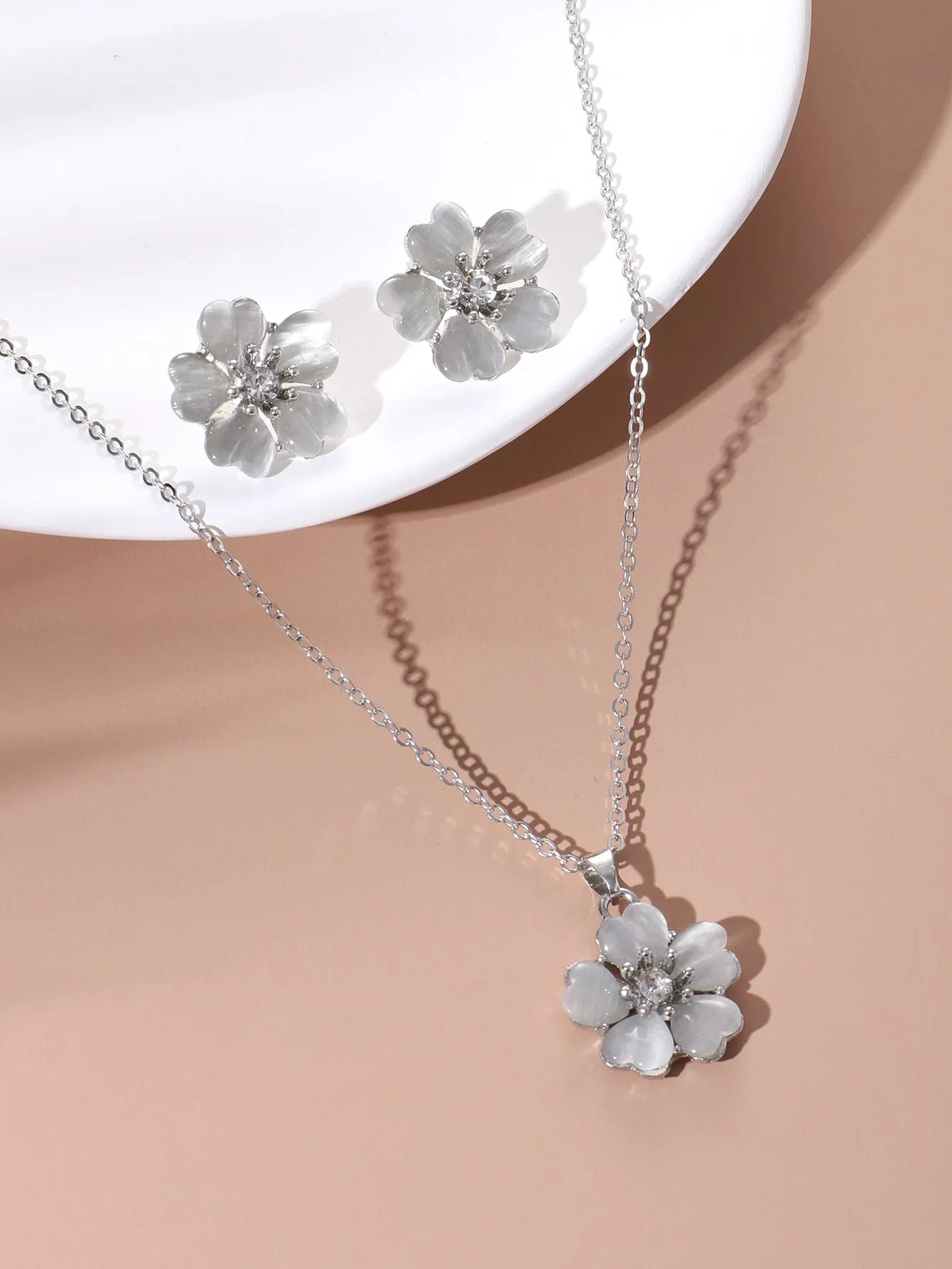 Flower Charm Necklace & Earrings Jewelry Set Jewelry Gift for Women