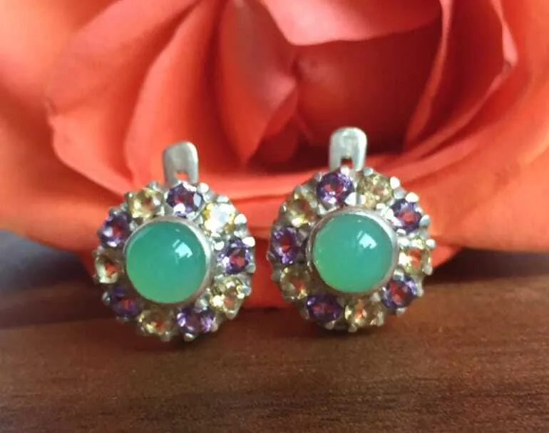 Green Flower Earrings - Chrysoprase Earrings - Victorian Multistone Earrings