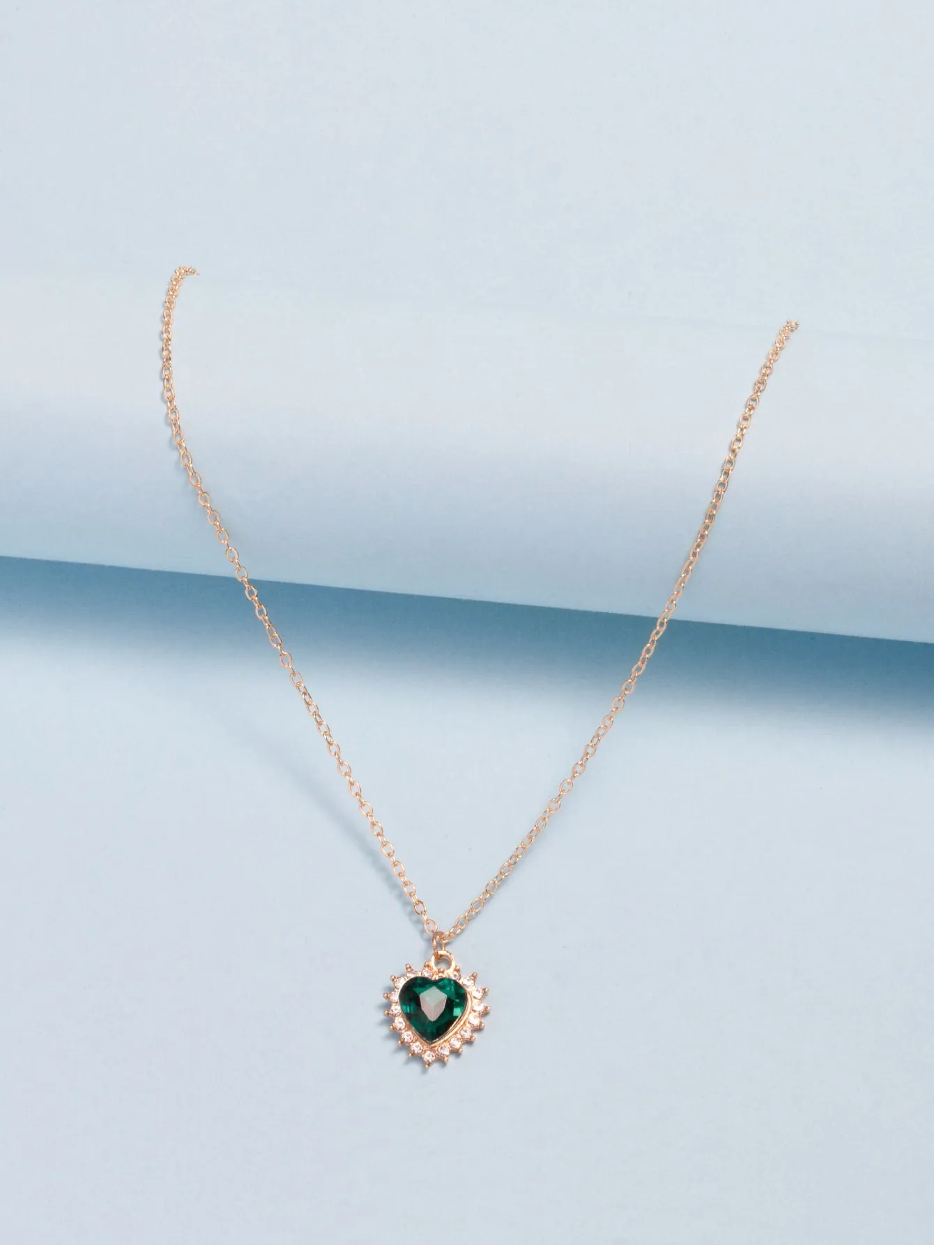 Green Rhinestone Heart Charm Necklace for Women Girls Accessories Jewelry Gifts