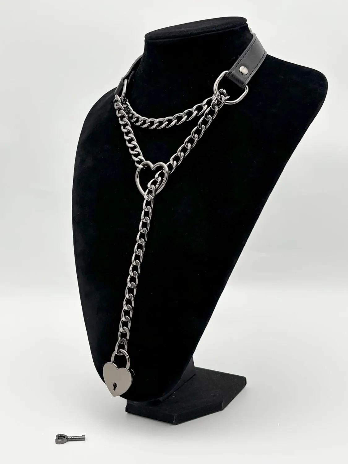Handmade Black Choker Collar Necklace For Women, Punk Gothic Heart Slip Chain Long Necklace, Adjustable Buckle And Heart Padlock With Key