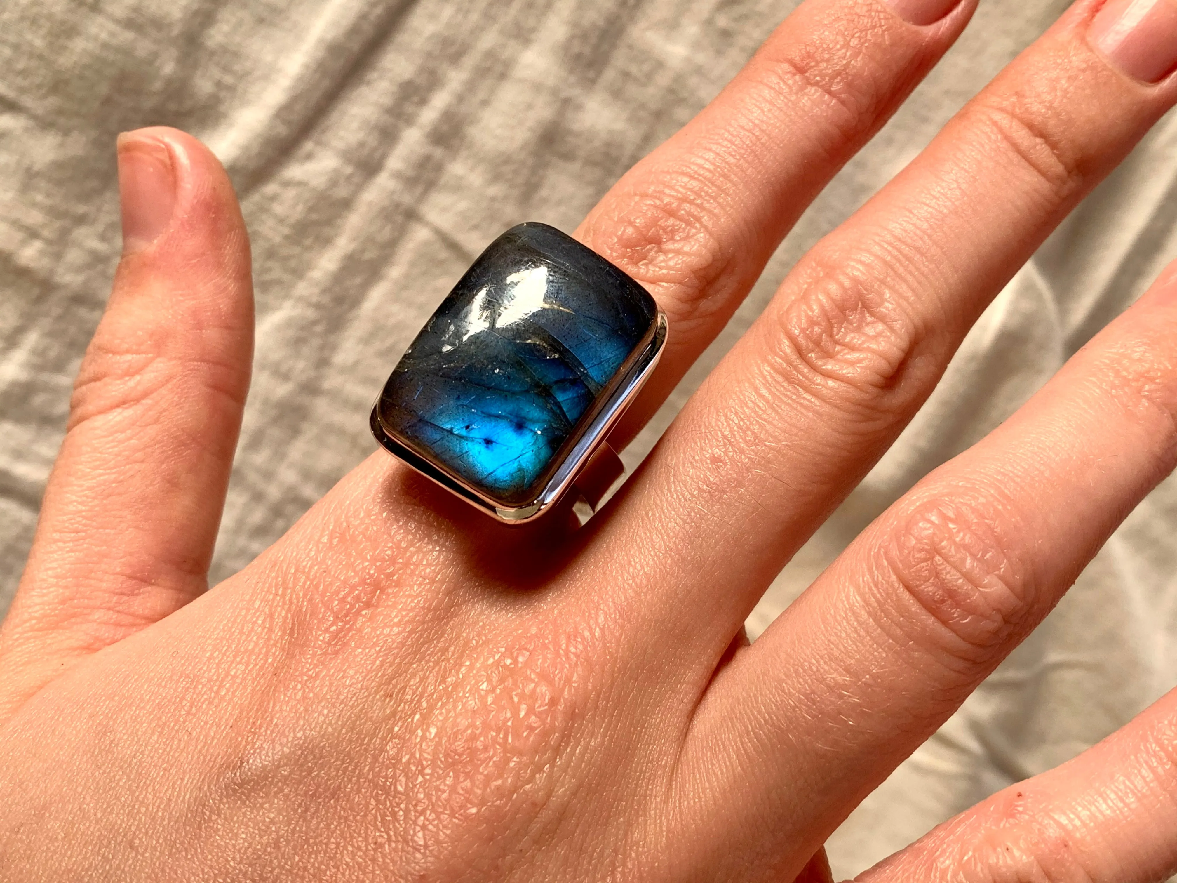 Labradorite Adjustable Ring - Large Rectangle