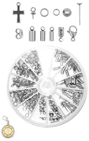 Mandala Crafts Stainless Steel Kumihimo Cord End Cap, Clasp, Ribbon Clamp, Bail Jewelry Finding Supplies Starter Kit (Endcaps, Bail Pegs, Earring Posts, Charms, Bead Caps)