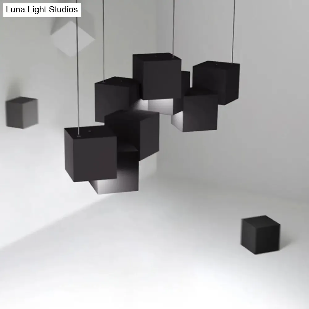 Modernist Cube Ceiling Light - 8-Light Metal LED Pendant Lamp, Black/White Spliced, White/Warm Light, 25.5"/28" Wide