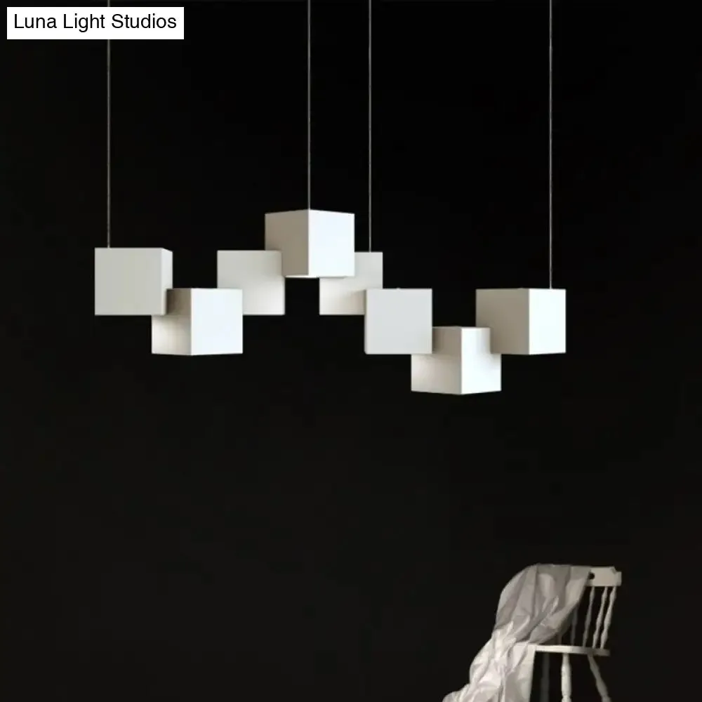 Modernist Cube Ceiling Light - 8-Light Metal LED Pendant Lamp, Black/White Spliced, White/Warm Light, 25.5"/28" Wide