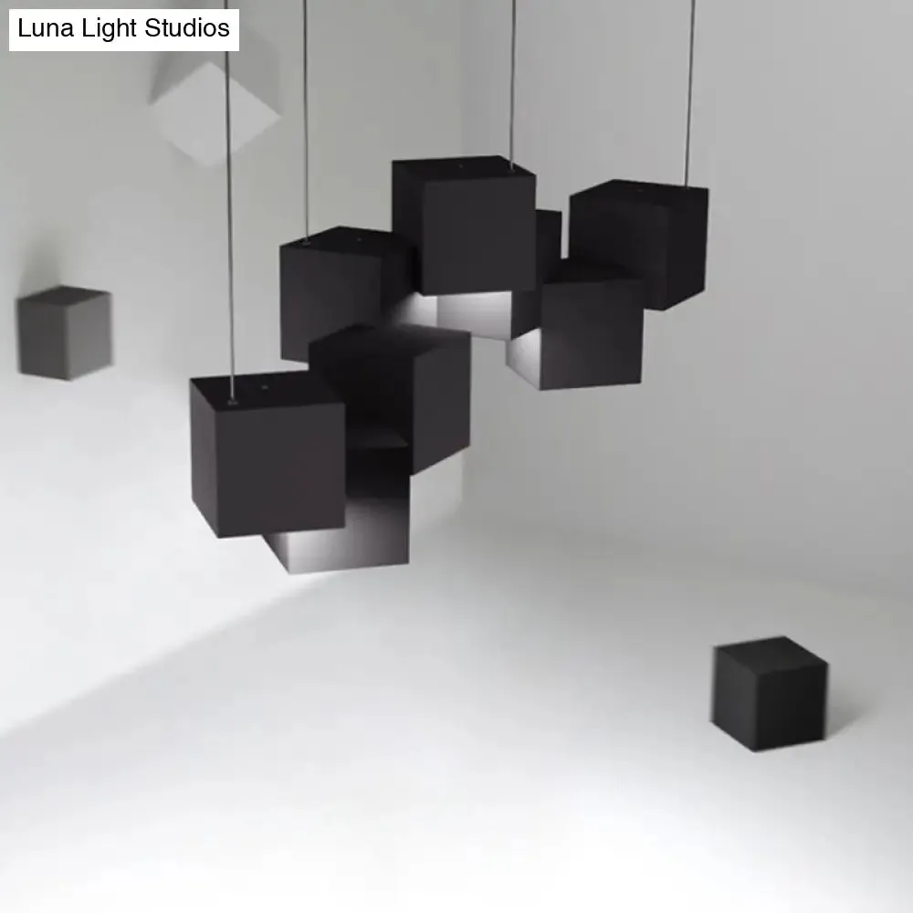 Modernist Cube Ceiling Light - 8-Light Metal LED Pendant Lamp, Black/White Spliced, White/Warm Light, 25.5"/28" Wide