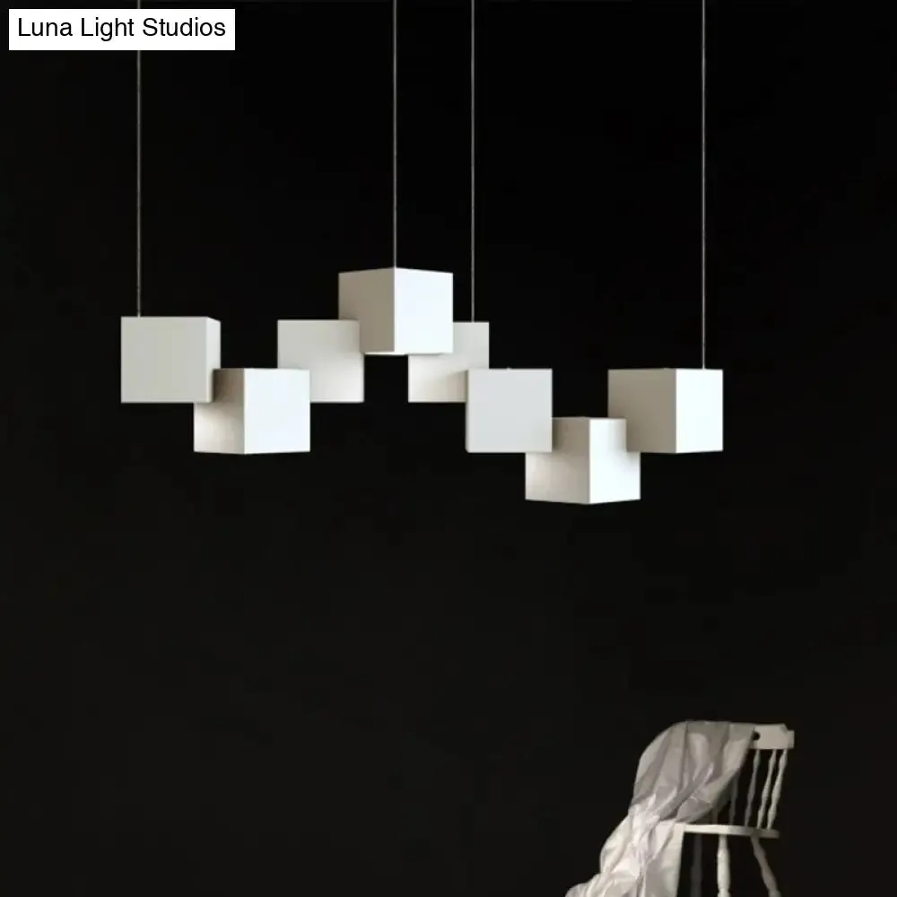 Modernist Cube Ceiling Light - 8-Light Metal LED Pendant Lamp, Black/White Spliced, White/Warm Light, 25.5"/28" Wide