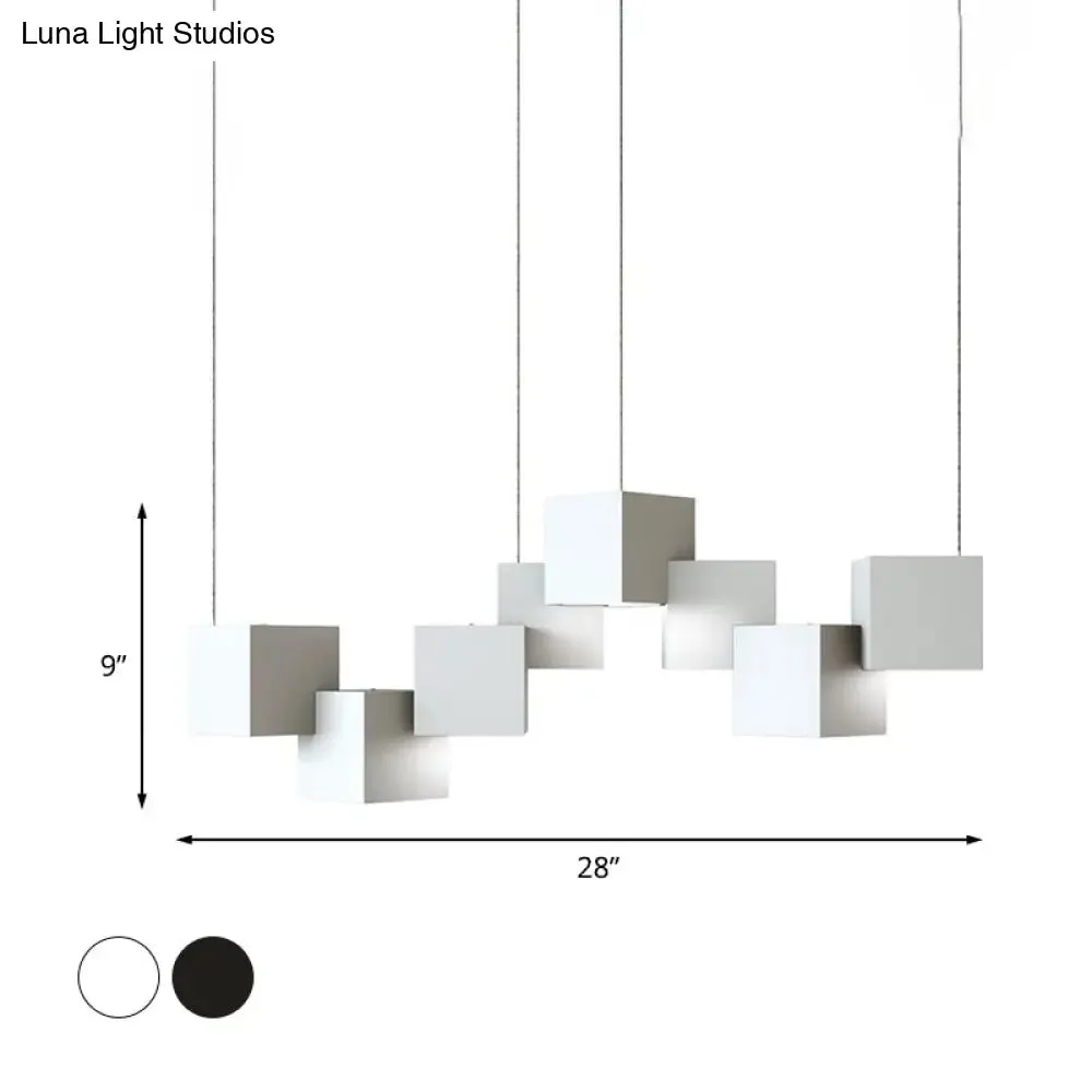 Modernist Cube Ceiling Light - 8-Light Metal LED Pendant Lamp, Black/White Spliced, White/Warm Light, 25.5"/28" Wide
