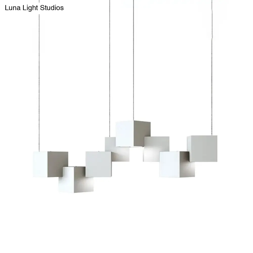 Modernist Cube Ceiling Light - 8-Light Metal LED Pendant Lamp, Black/White Spliced, White/Warm Light, 25.5"/28" Wide