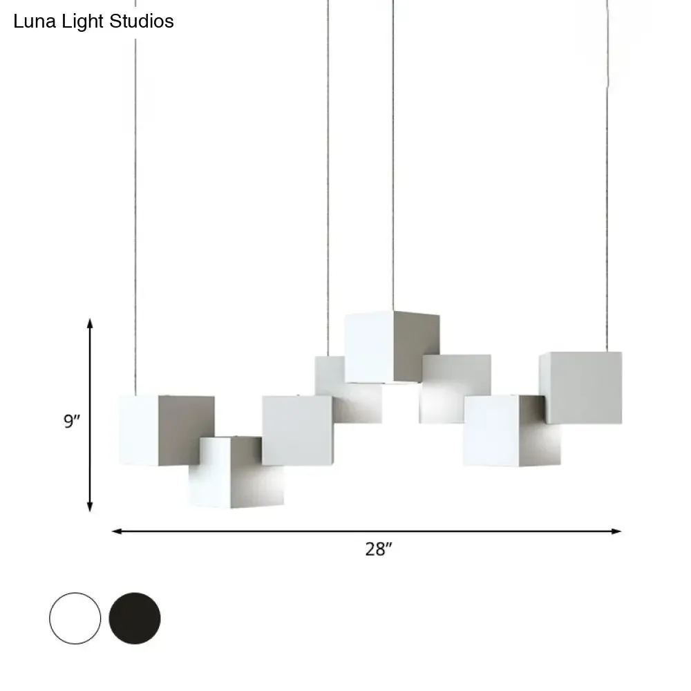 Modernist Cube Ceiling Light - 8-Light Metal LED Pendant Lamp, Black/White Spliced, White/Warm Light, 25.5"/28" Wide