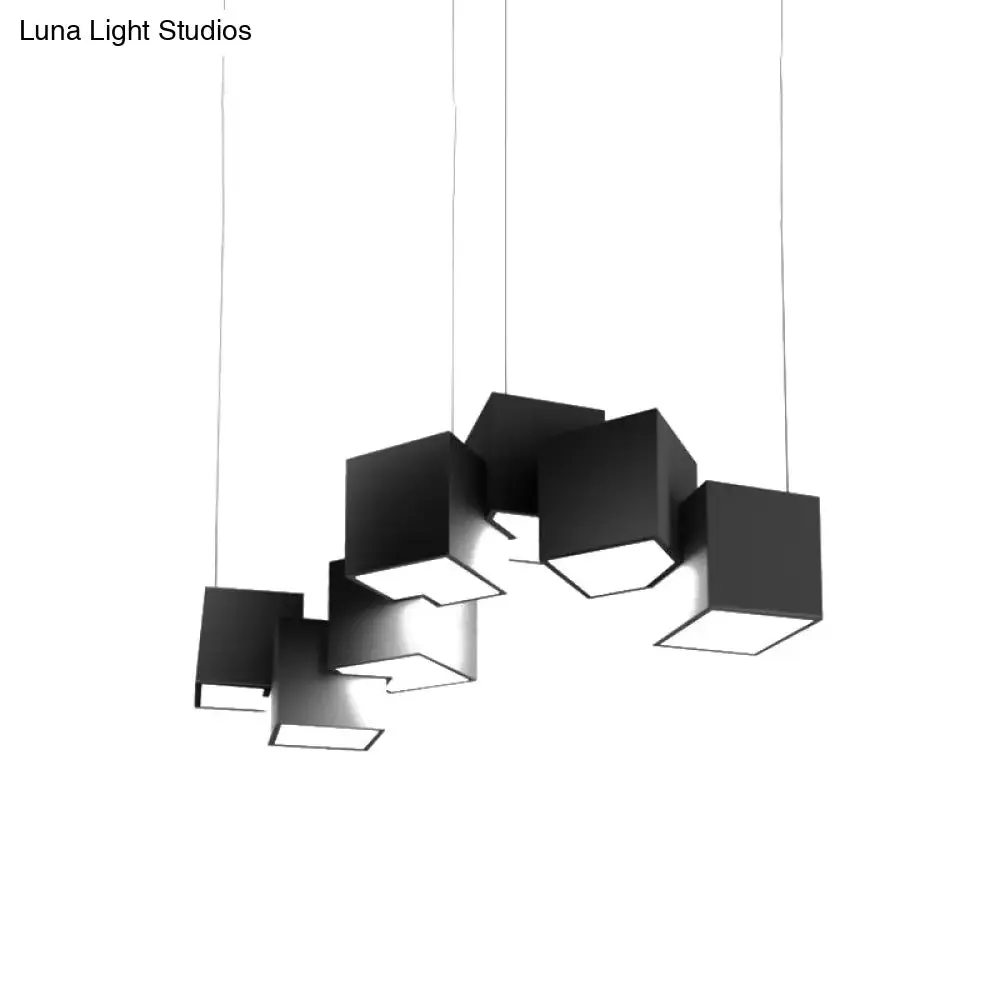 Modernist Cube Ceiling Light - 8-Light Metal LED Pendant Lamp, Black/White Spliced, White/Warm Light, 25.5"/28" Wide