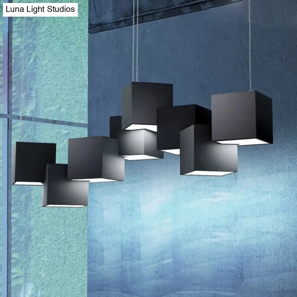 Modernist Cube Ceiling Light - 8-Light Metal LED Pendant Lamp, Black/White Spliced, White/Warm Light, 25.5"/28" Wide