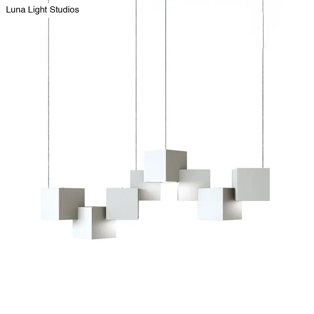 Modernist Cube Ceiling Light - 8-Light Metal LED Pendant Lamp, Black/White Spliced, White/Warm Light, 25.5"/28" Wide