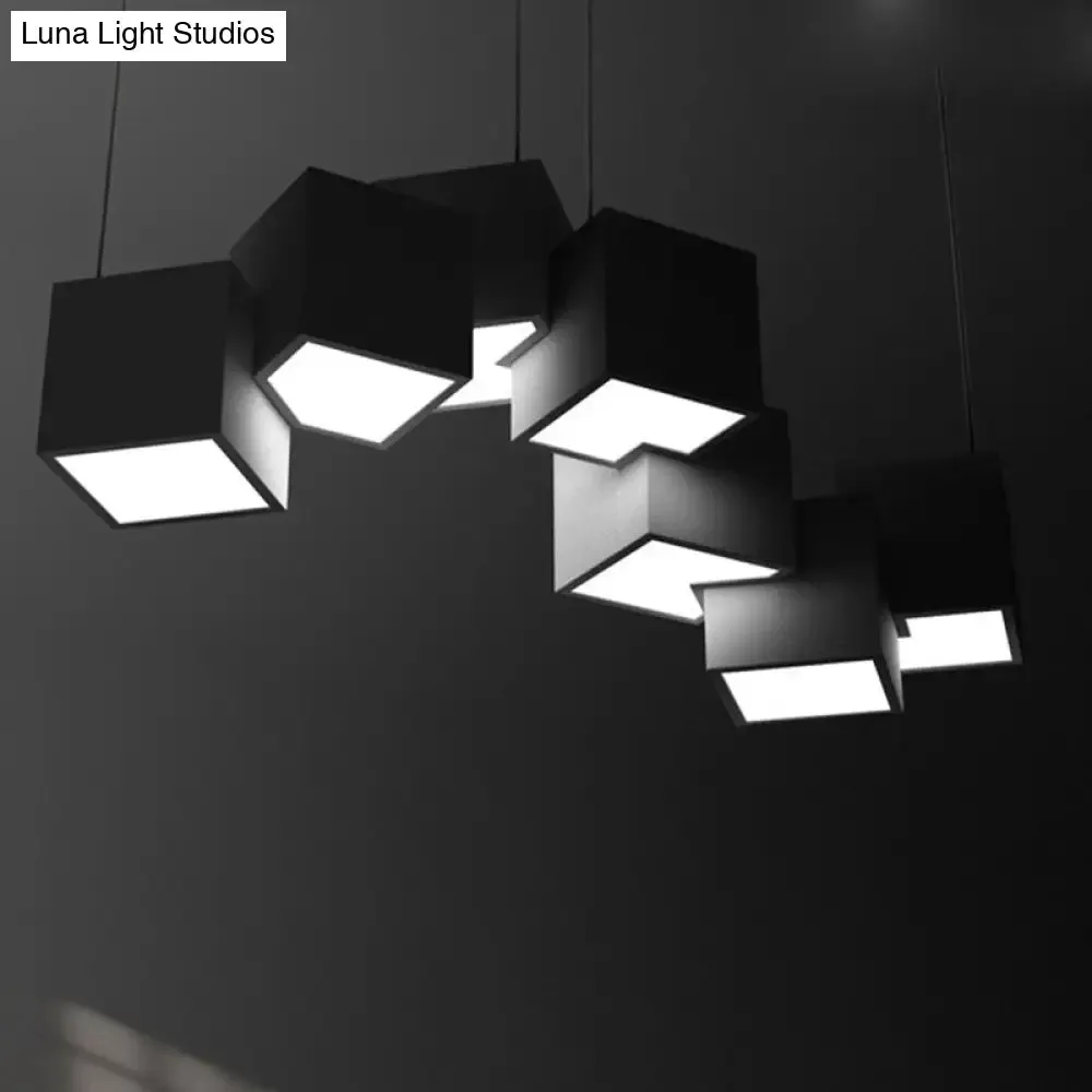 Modernist Cube Ceiling Light - 8-Light Metal LED Pendant Lamp, Black/White Spliced, White/Warm Light, 25.5"/28" Wide