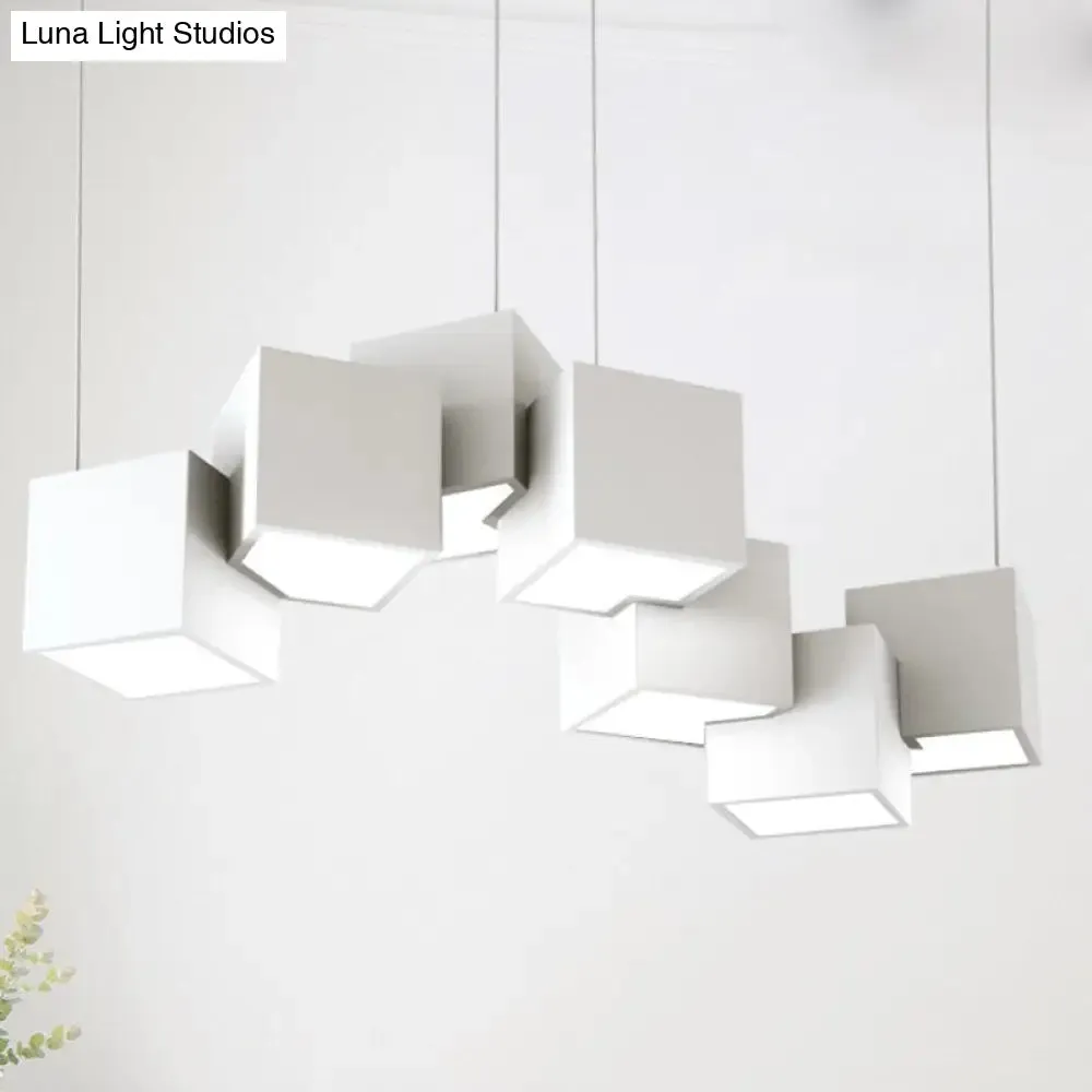 Modernist Cube Ceiling Light - 8-Light Metal LED Pendant Lamp, Black/White Spliced, White/Warm Light, 25.5"/28" Wide