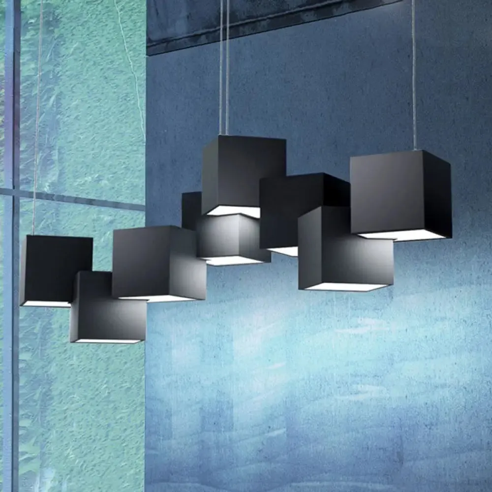 Modernist Cube Ceiling Light - 8-Light Metal LED Pendant Lamp, Black/White Spliced, White/Warm Light, 25.5"/28" Wide