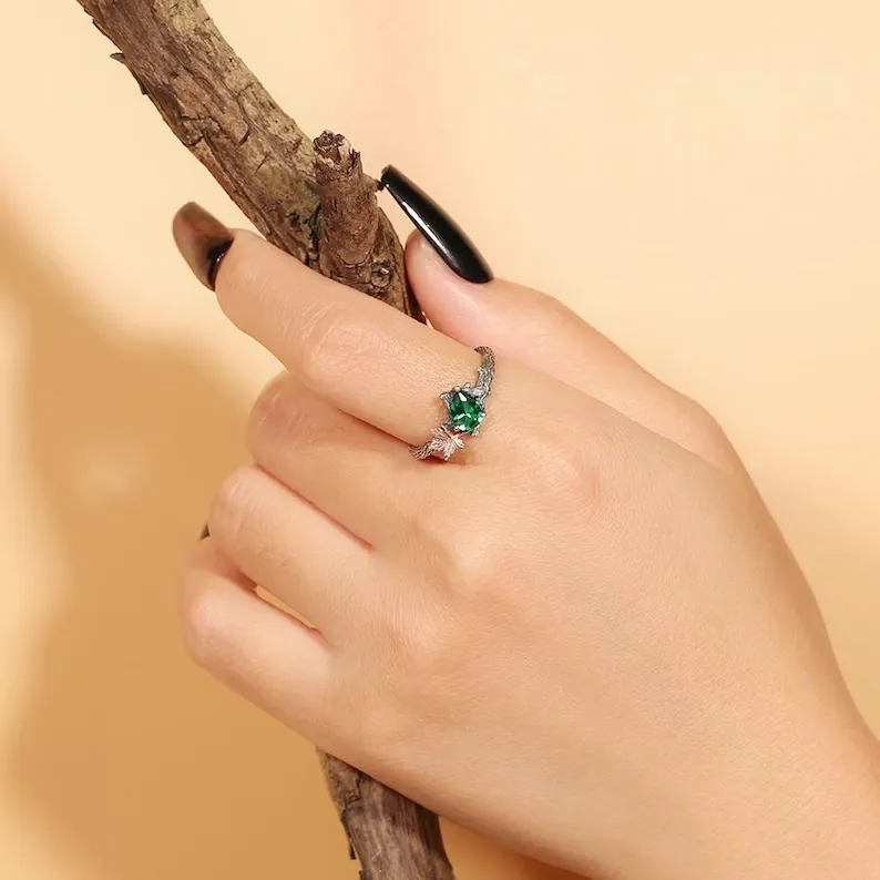 Natural Emerald Branch Engagement Ring, Gemstone Ring, Maple Leaf Sterling Silver Ring, unique Handmade Vine ring