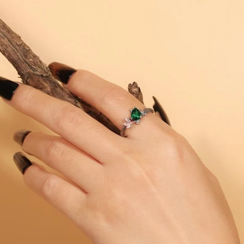 Natural Emerald Branch Engagement Ring, Gemstone Ring, Maple Leaf Sterling Silver Ring, unique Handmade Vine ring
