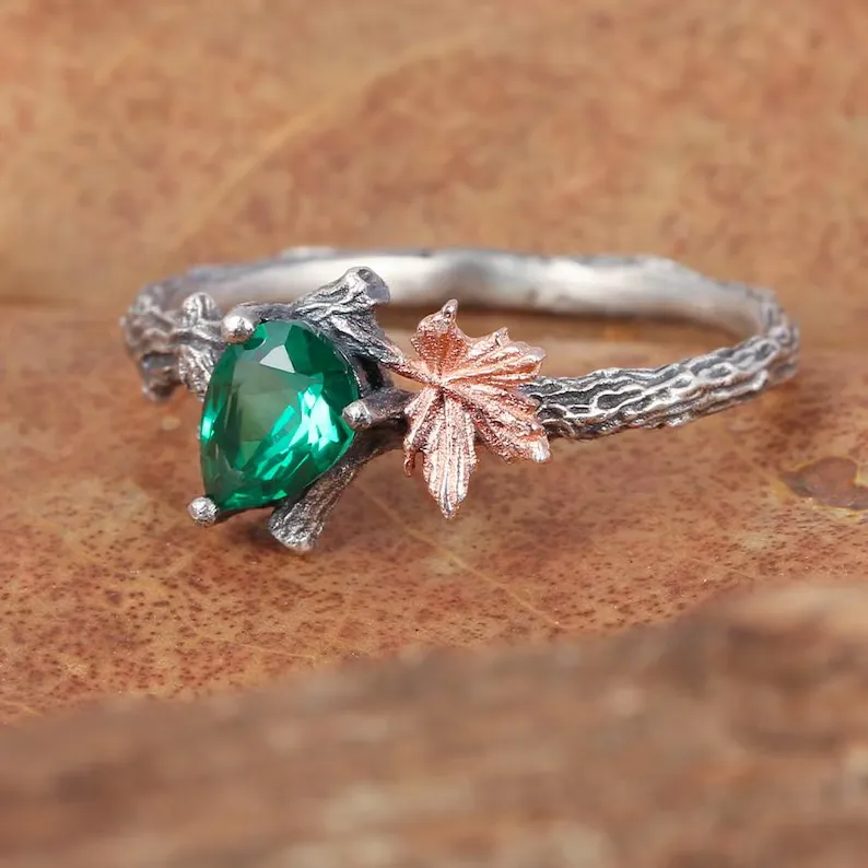Natural Emerald Branch Engagement Ring, Gemstone Ring, Maple Leaf Sterling Silver Ring, unique Handmade Vine ring