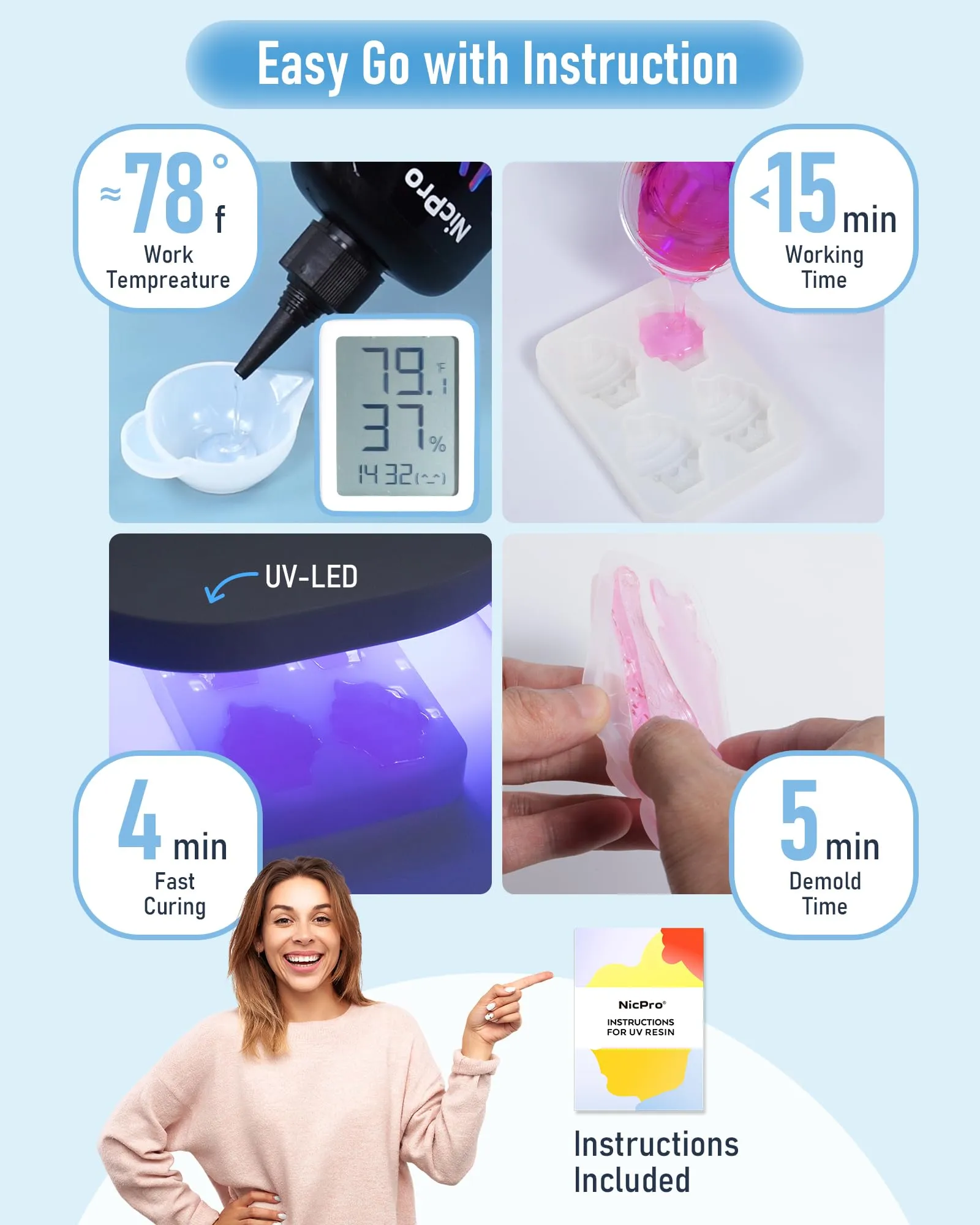Nicpro UV Resin 500g, 2 PCS Upgrade Crystal Clear Ultraviolet Epoxy Resin Glue Kit, Low Odor & Quick Curing Sunlight Cure Hard UV Resin for Jewelry Making, Handmade DIY Craft, Coating and Casting