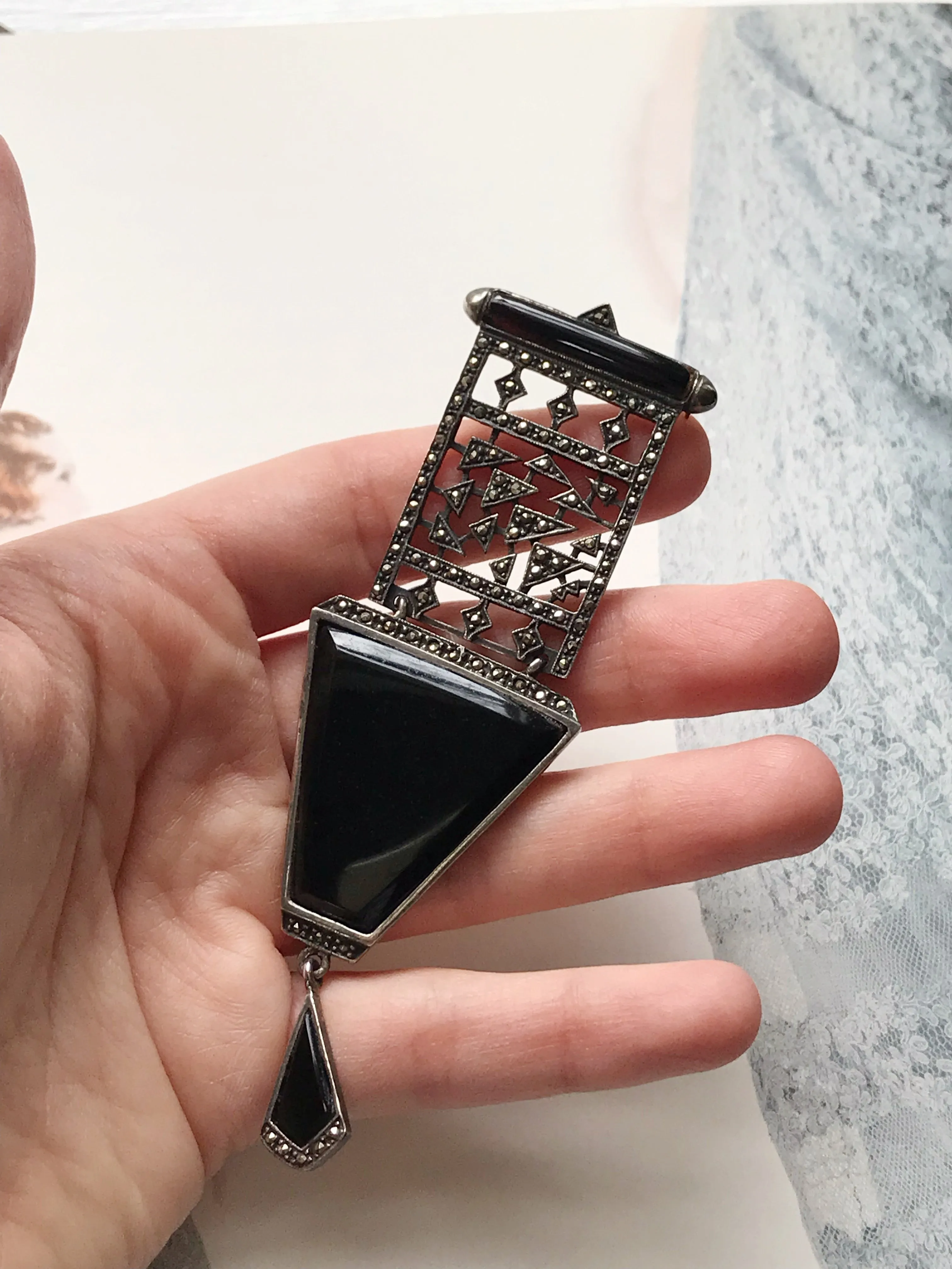 Onyx and Marcasite Geometric Brooch
