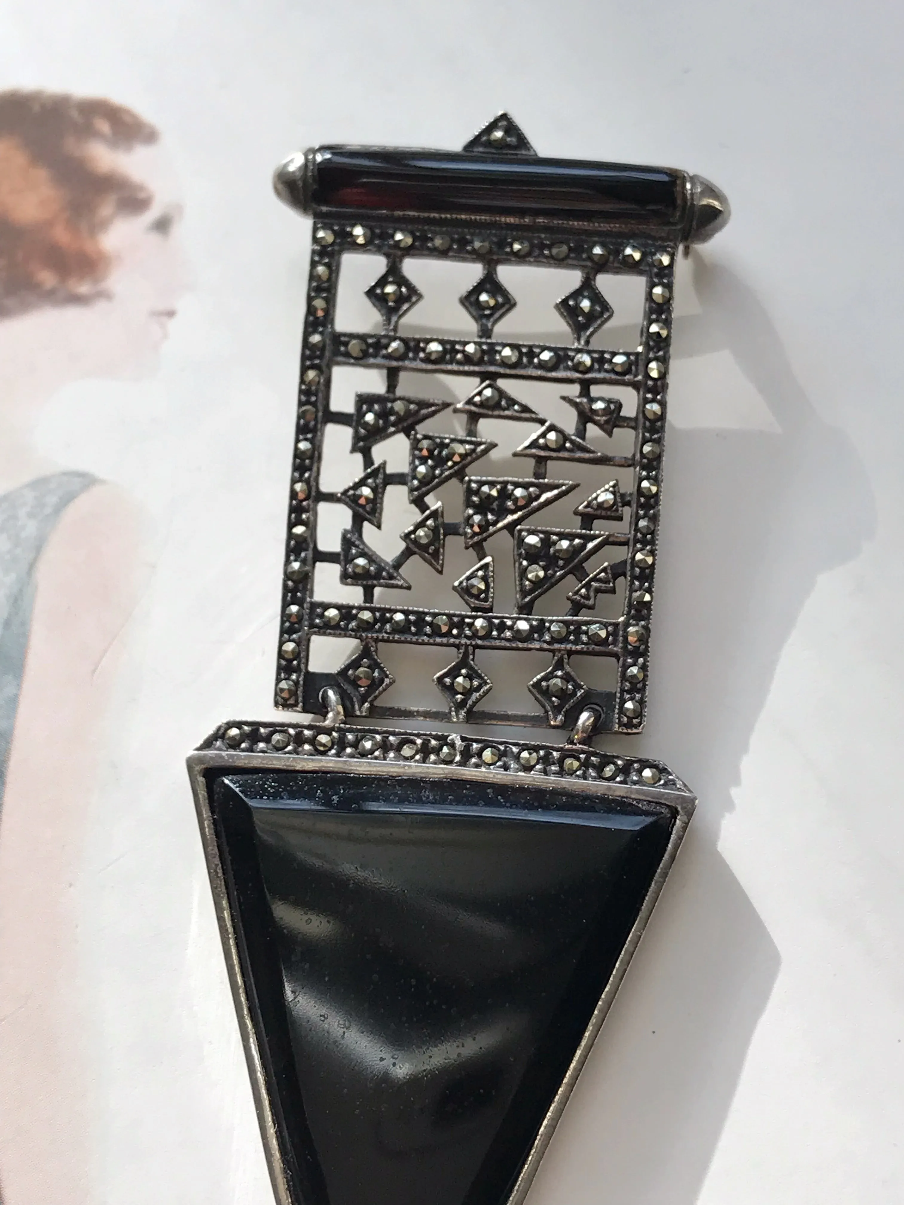 Onyx and Marcasite Geometric Brooch