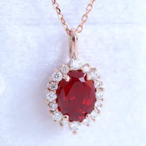 Oval Ruby Diamond Necklace in 14k Gold Tiara Halo Pendant Chain