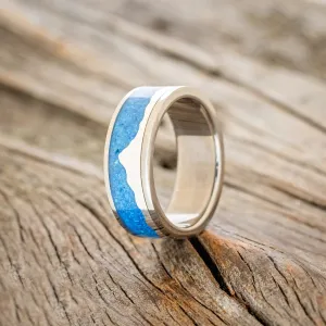 "HELIOS" - BLUE OPAL WITH SILVER MATTERHORN MOUNTAIN RANGE WEDDING BAND - TITANIUM - SIZE 10