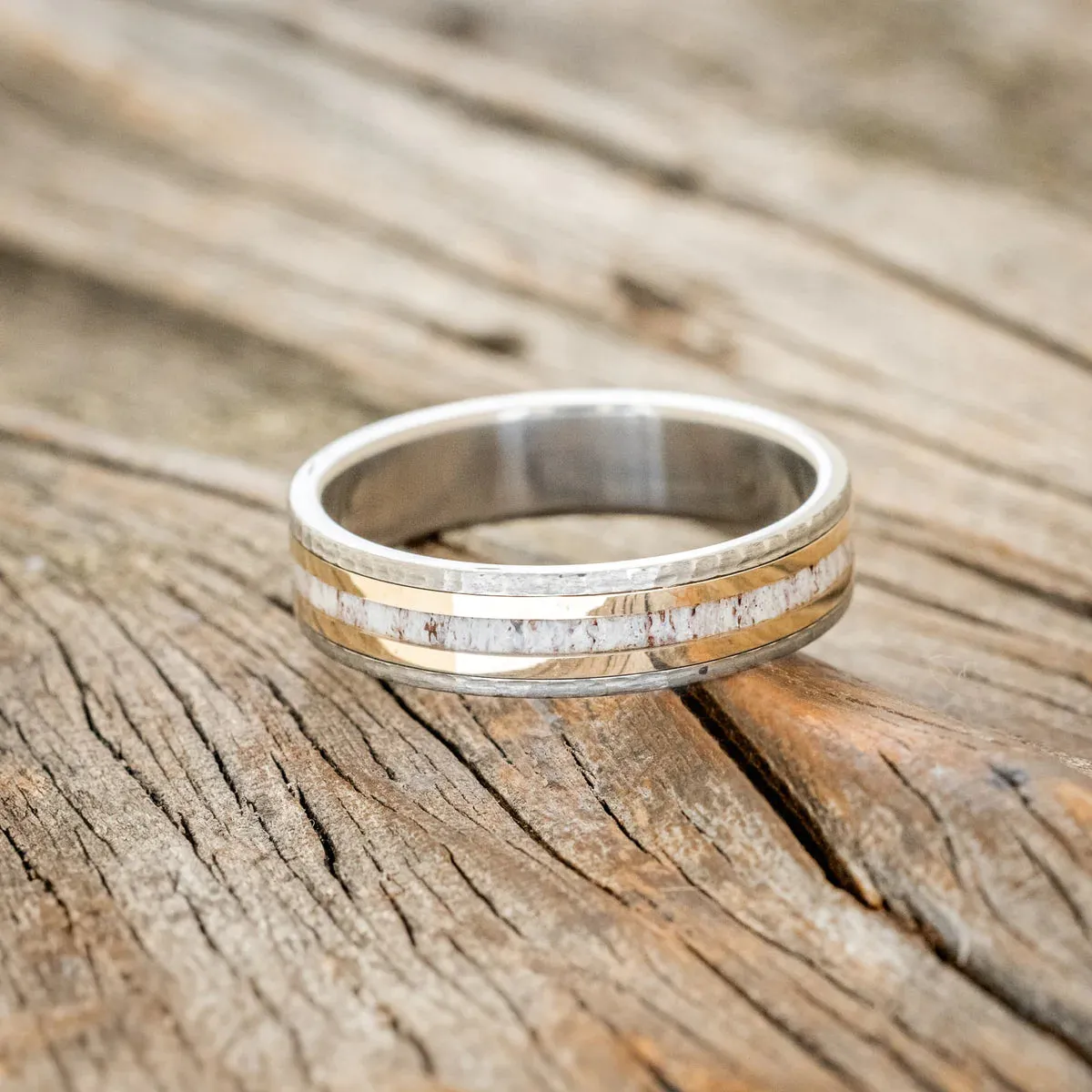 "HOLLIS" - ANTLER & 14K YELLOW GOLD INLAYS WEDDING RING WITH HAMMERED BAND - TITANIUM (6MM) - SIZE 13 1/2