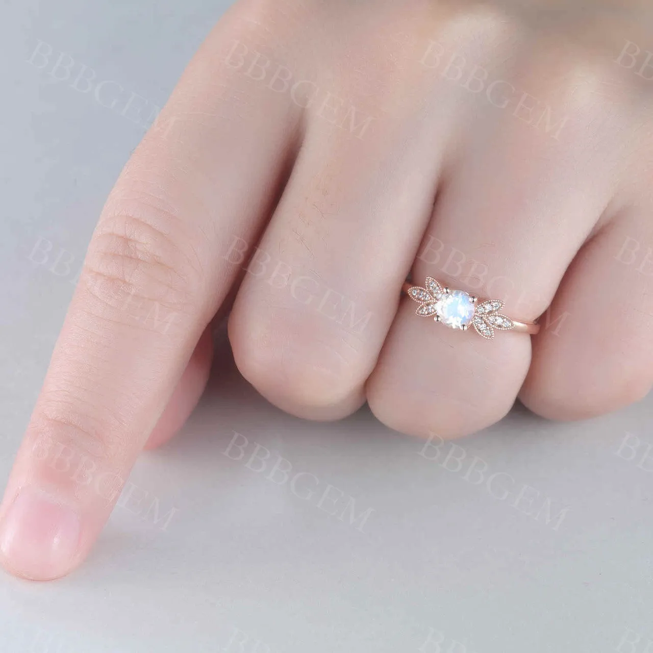 Rainbow Mooonstone Diamond Engagement Ring Rose Gold Unique Bridal Ring