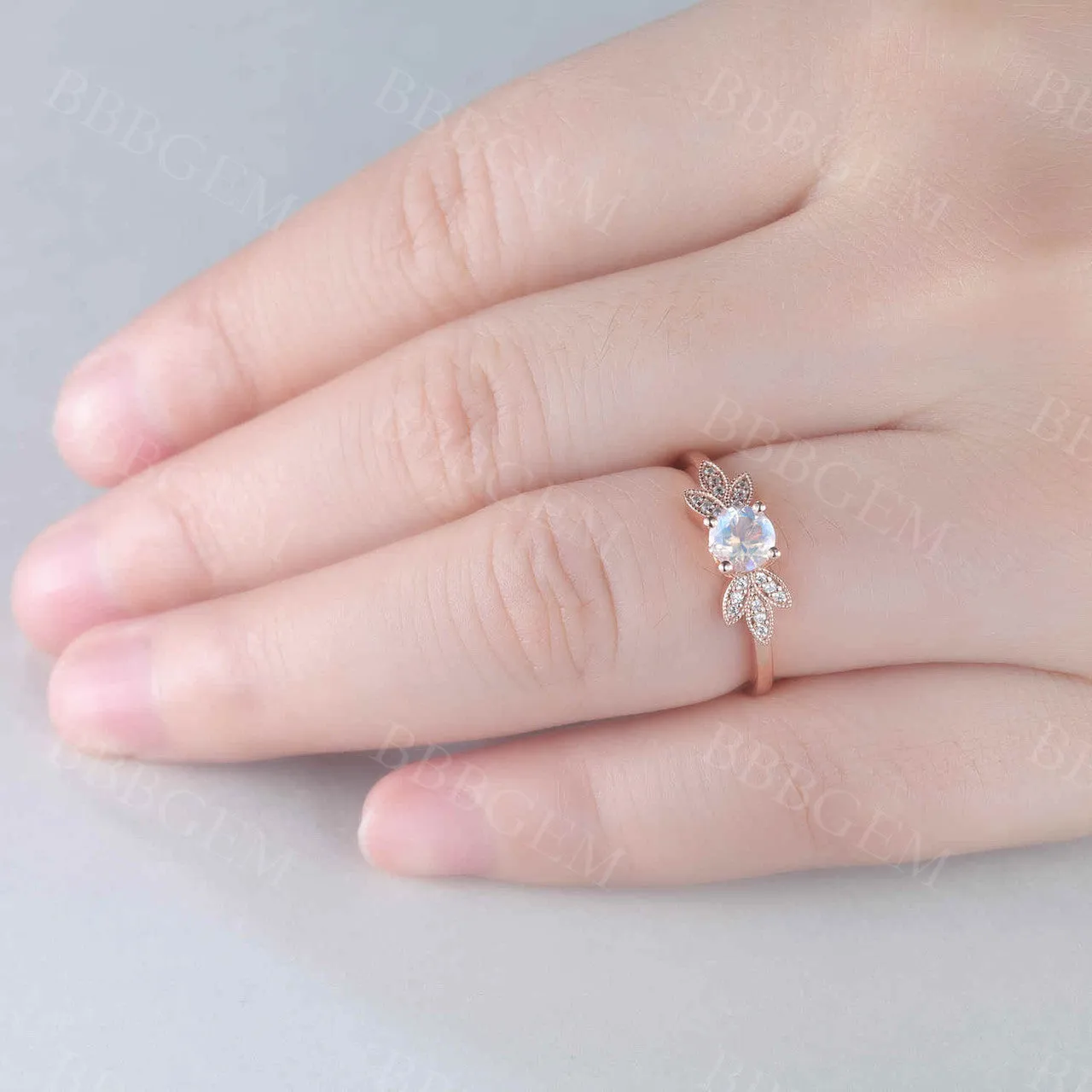 Rainbow Mooonstone Diamond Engagement Ring Rose Gold Unique Bridal Ring