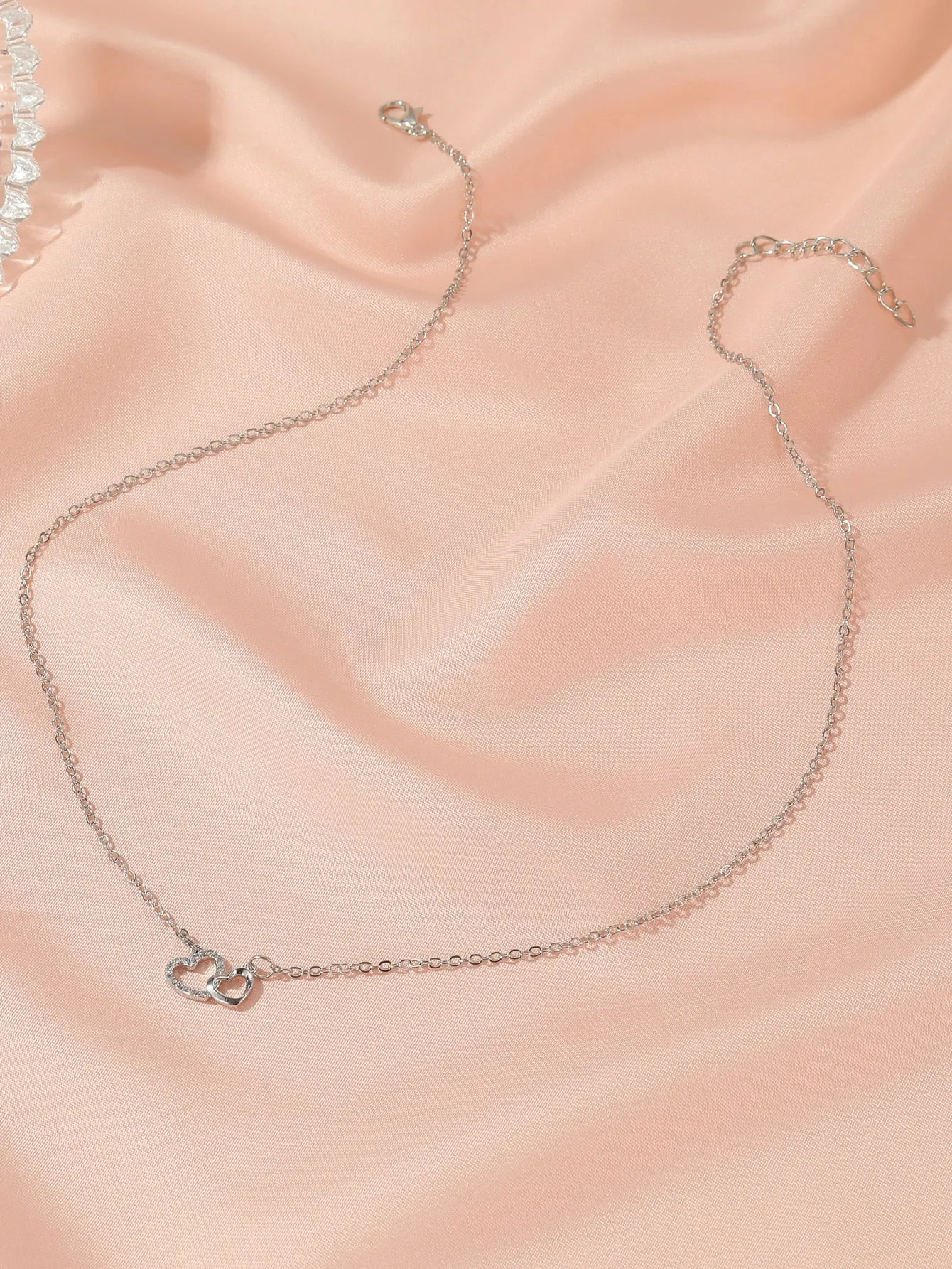 Rhinestone Double Heart Charm Necklace Jewelry for Women Gift for Her Necklace