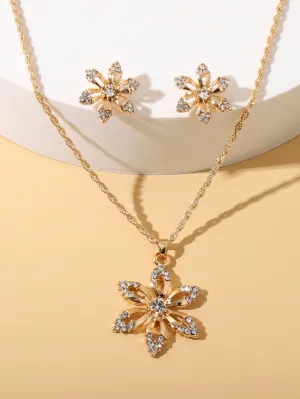 Rhinestone Flower Charm Necklace & Earrings Jewelry Set Jewelry Gift for Women