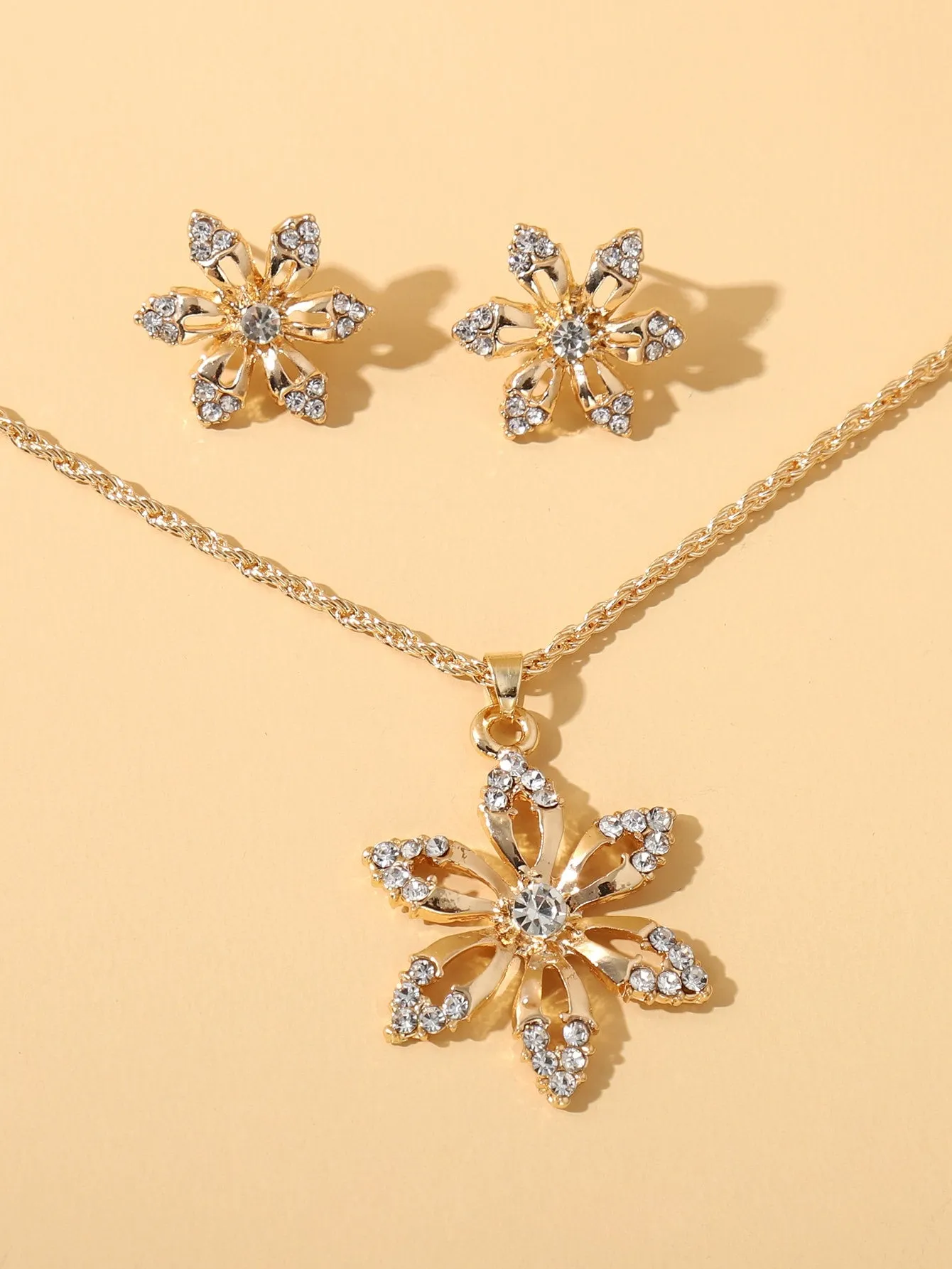 Rhinestone Flower Charm Necklace & Earrings Jewelry Set Jewelry Gift for Women