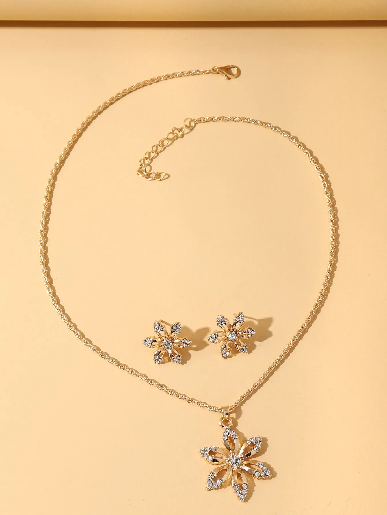 Rhinestone Flower Charm Necklace & Earrings Jewelry Set Jewelry Gift for Women