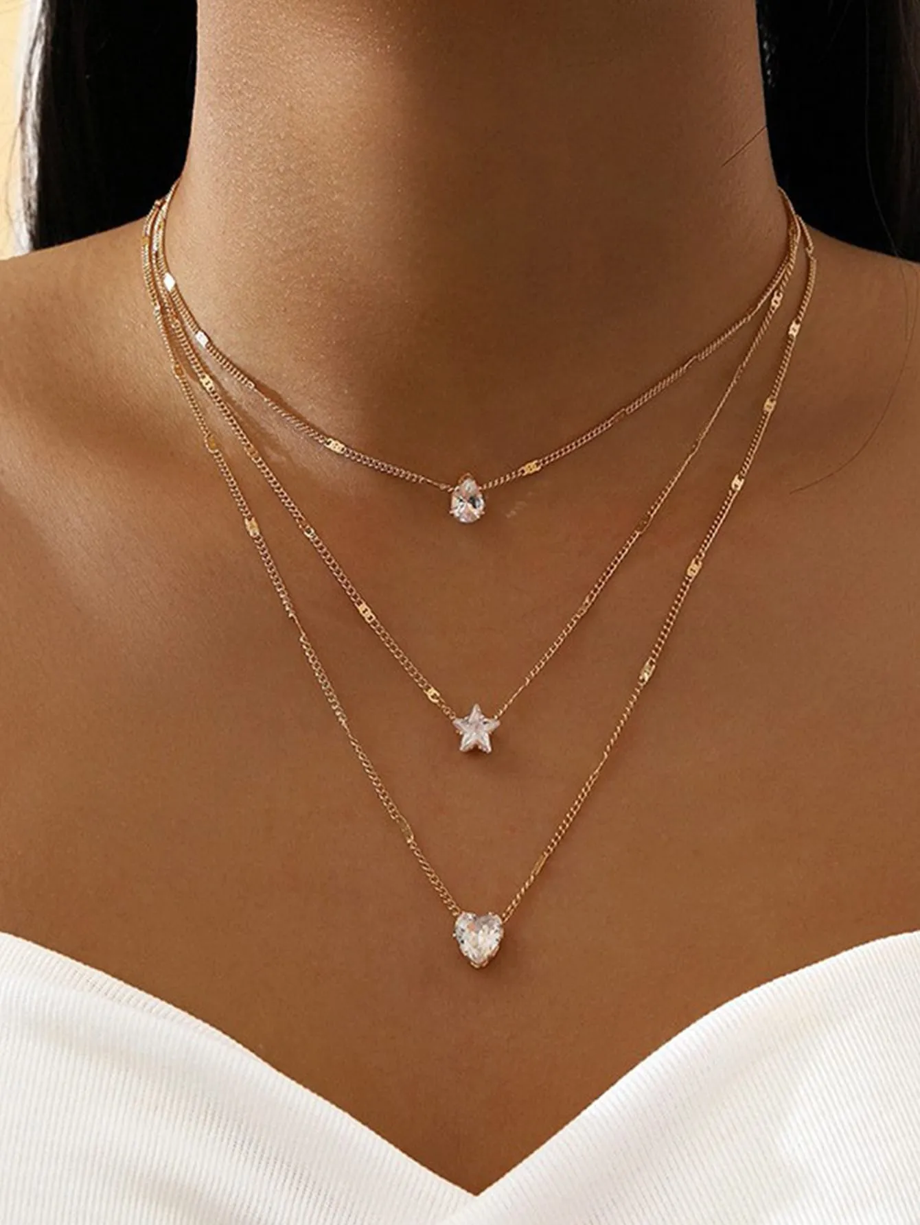 Rhinestone Star & Water-drop Charm Layered Necklace for Women Jewelry for Women